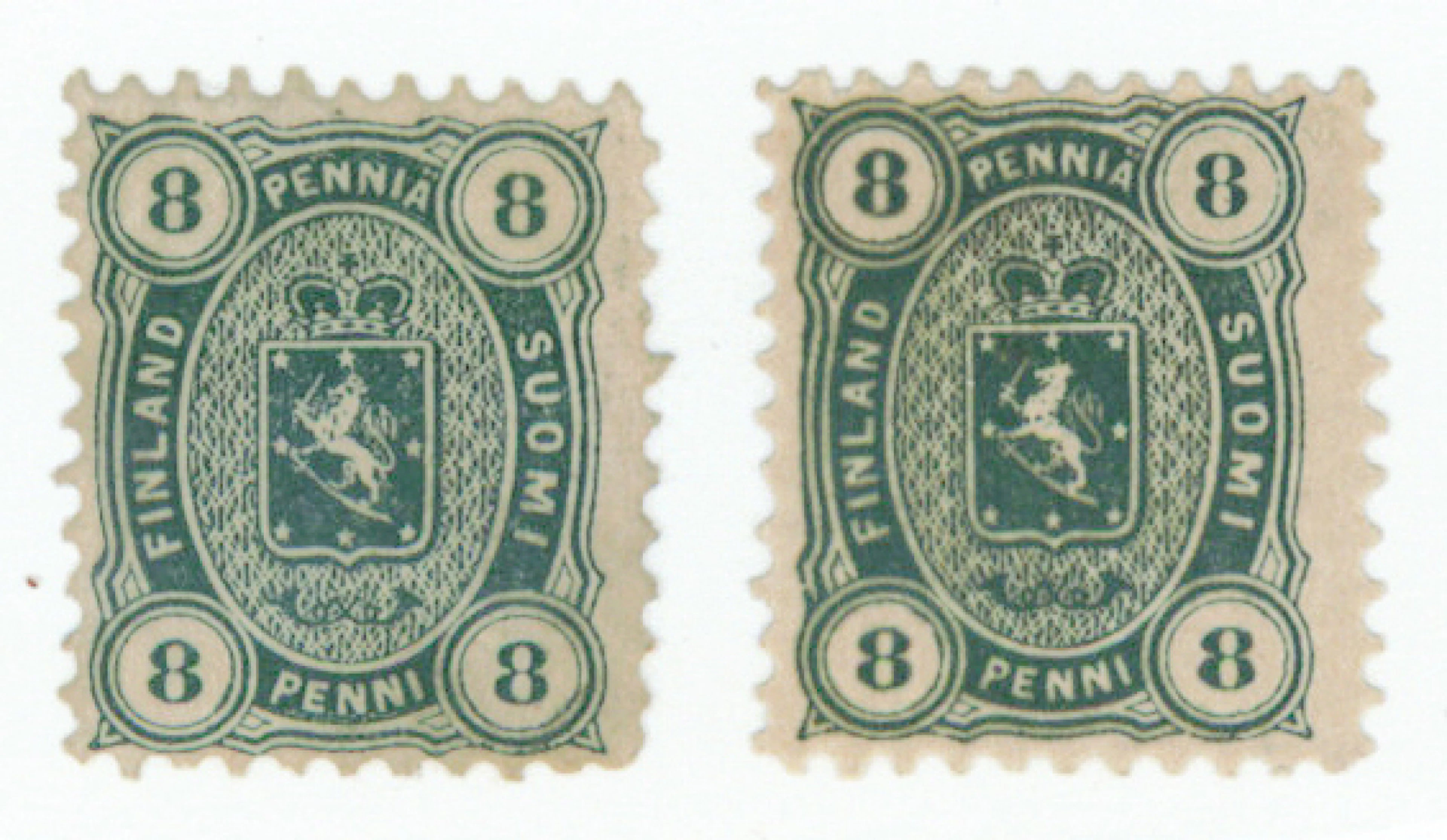 8 penni dark green, two mint * stamps, one with so-called ”oily printing”.