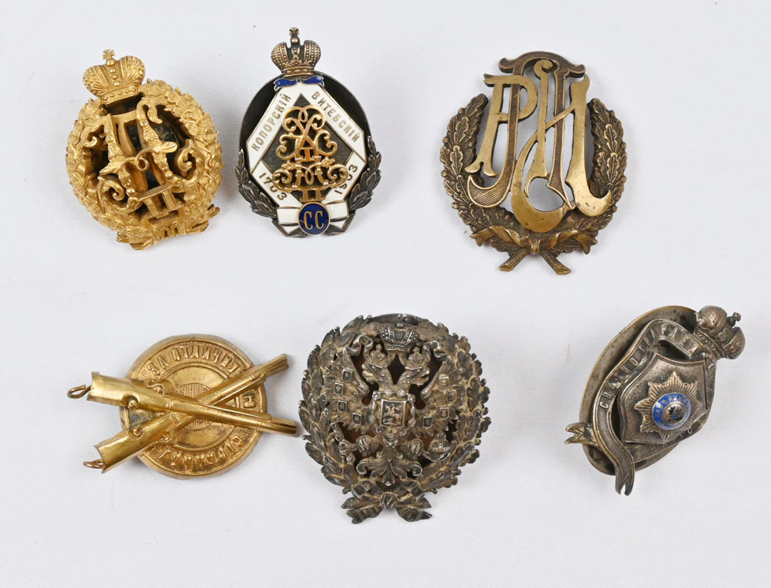 Copies of Russian regiment badges from the Imperial Tsarist Army.