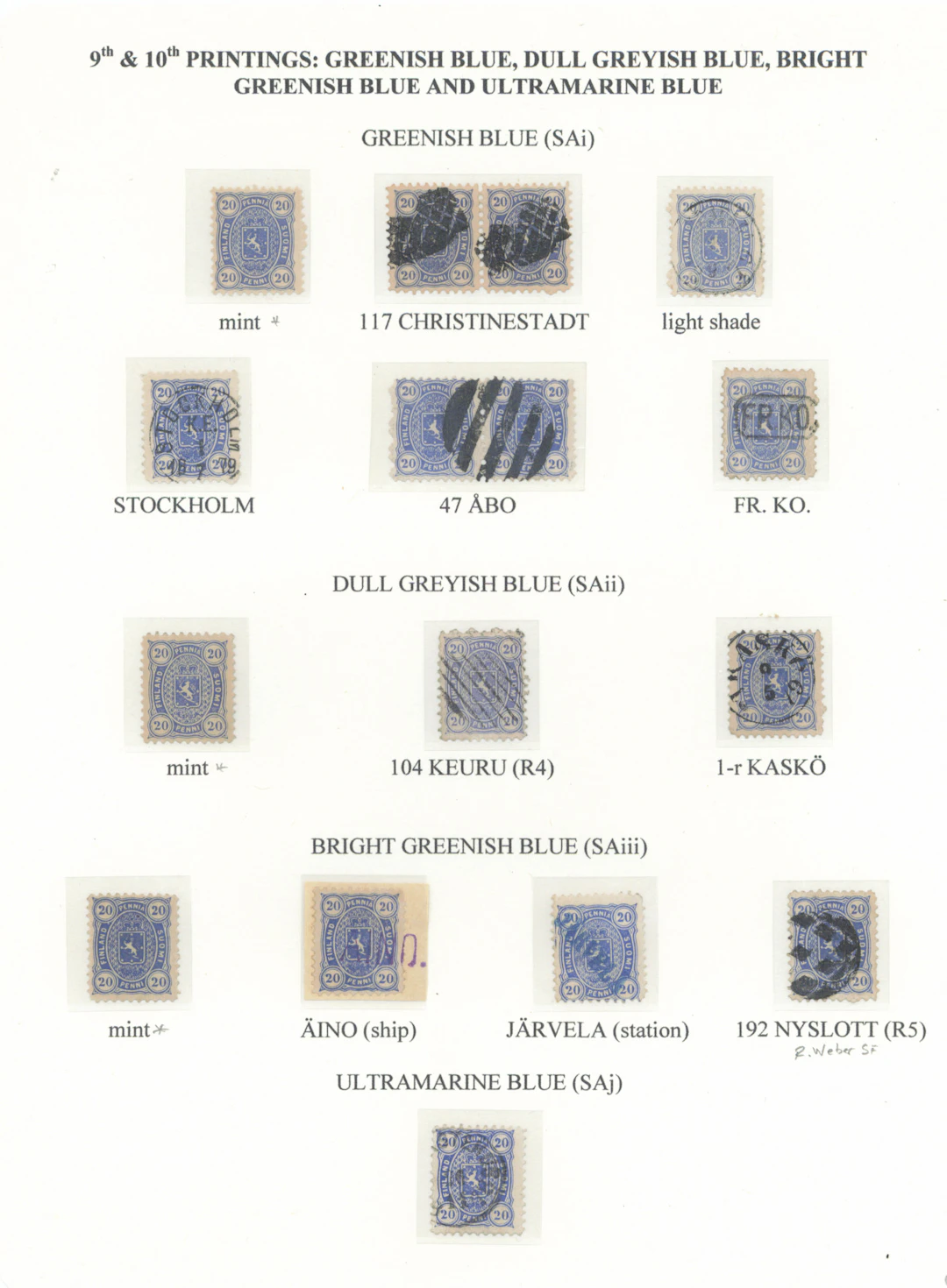 20 penni collection page of stamps from the Senate printing 9th and