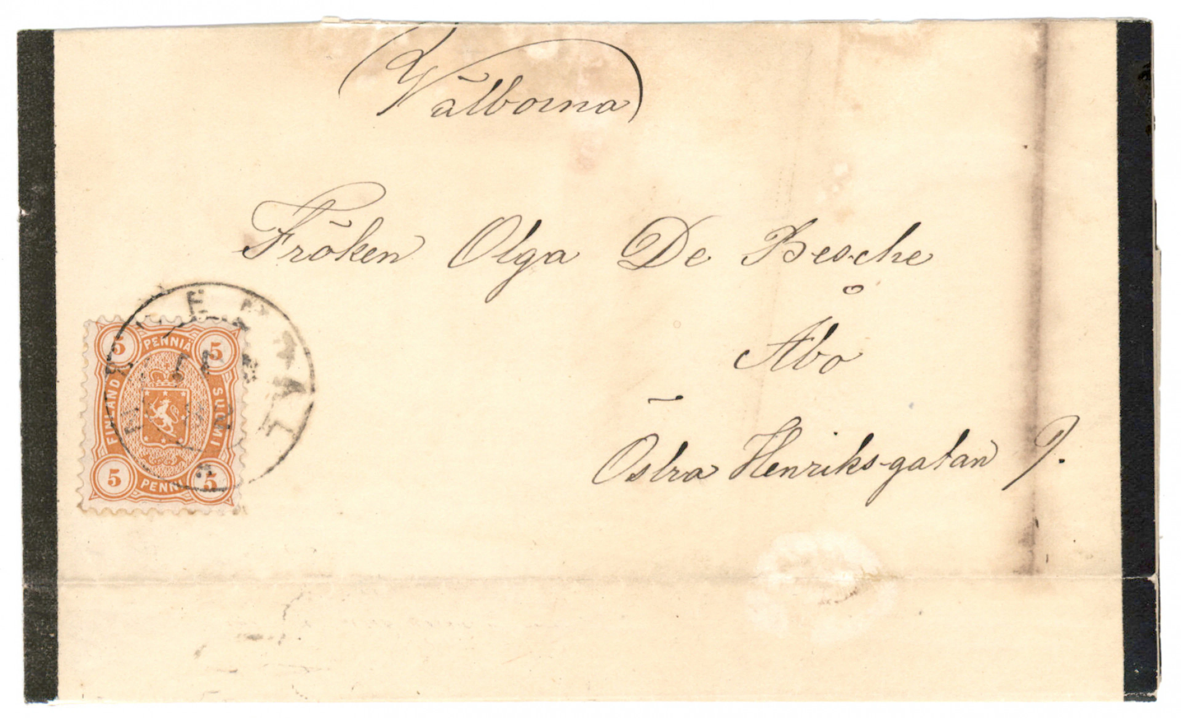 5 penni yellowish orange perforation 11 on a mourning cover, Nådendal