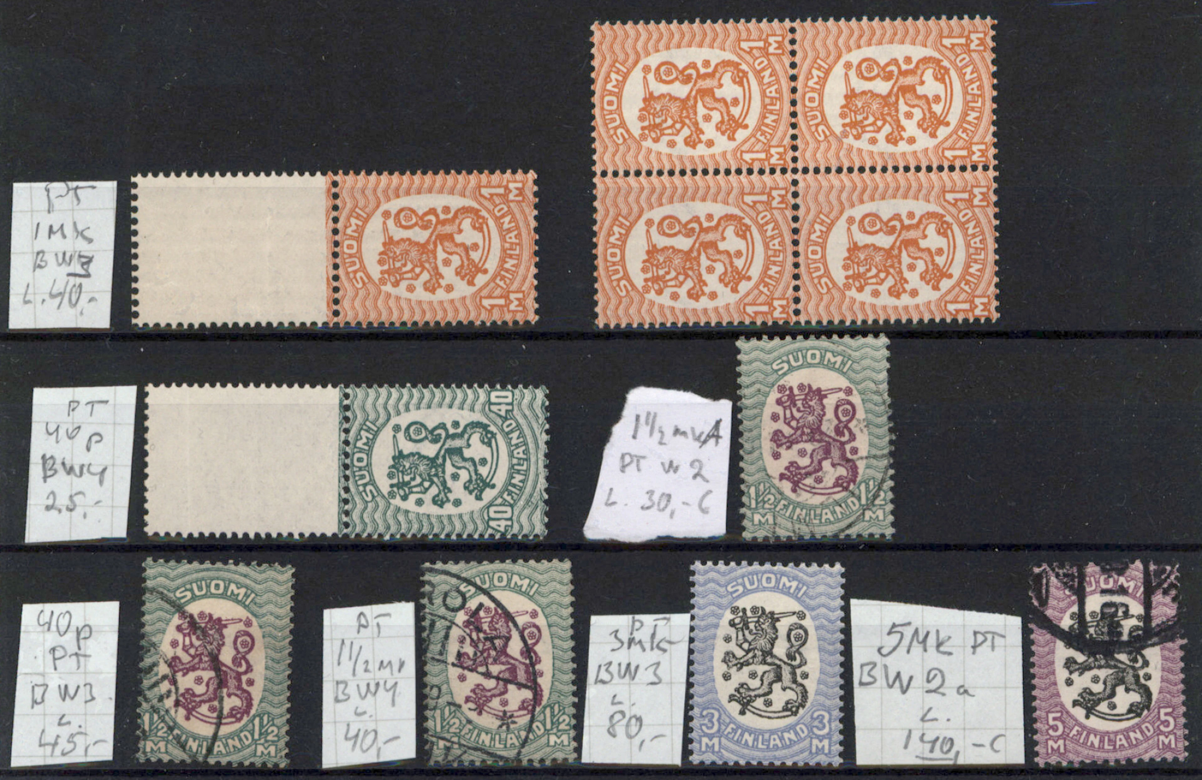 40 penni - 5 markka small selection of W2-W4 stamps. Many fine ones