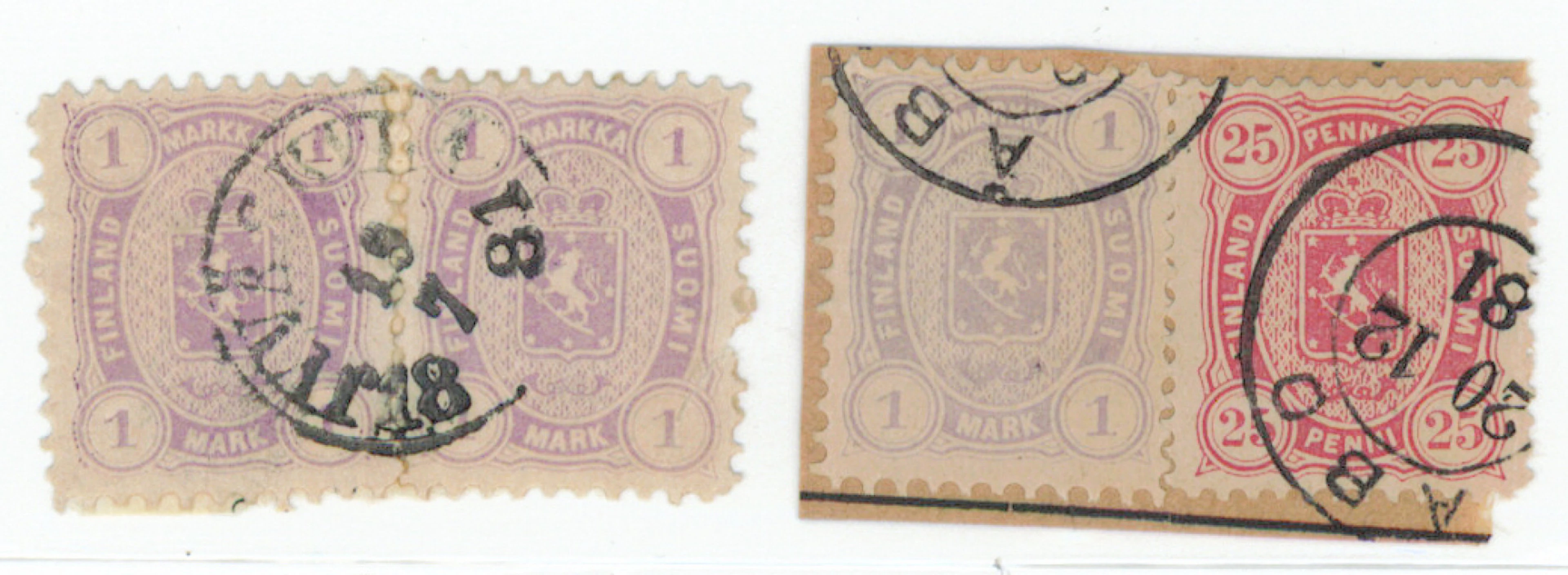 1 markka reddish lilac pair as well as lilac single stamp and 25 penni
