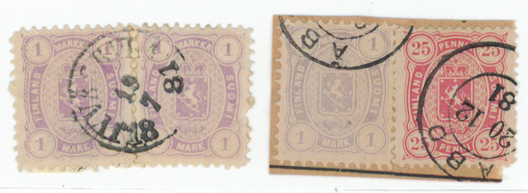 1 markka reddish lilac pair as well as lilac single stamp and 25 penni