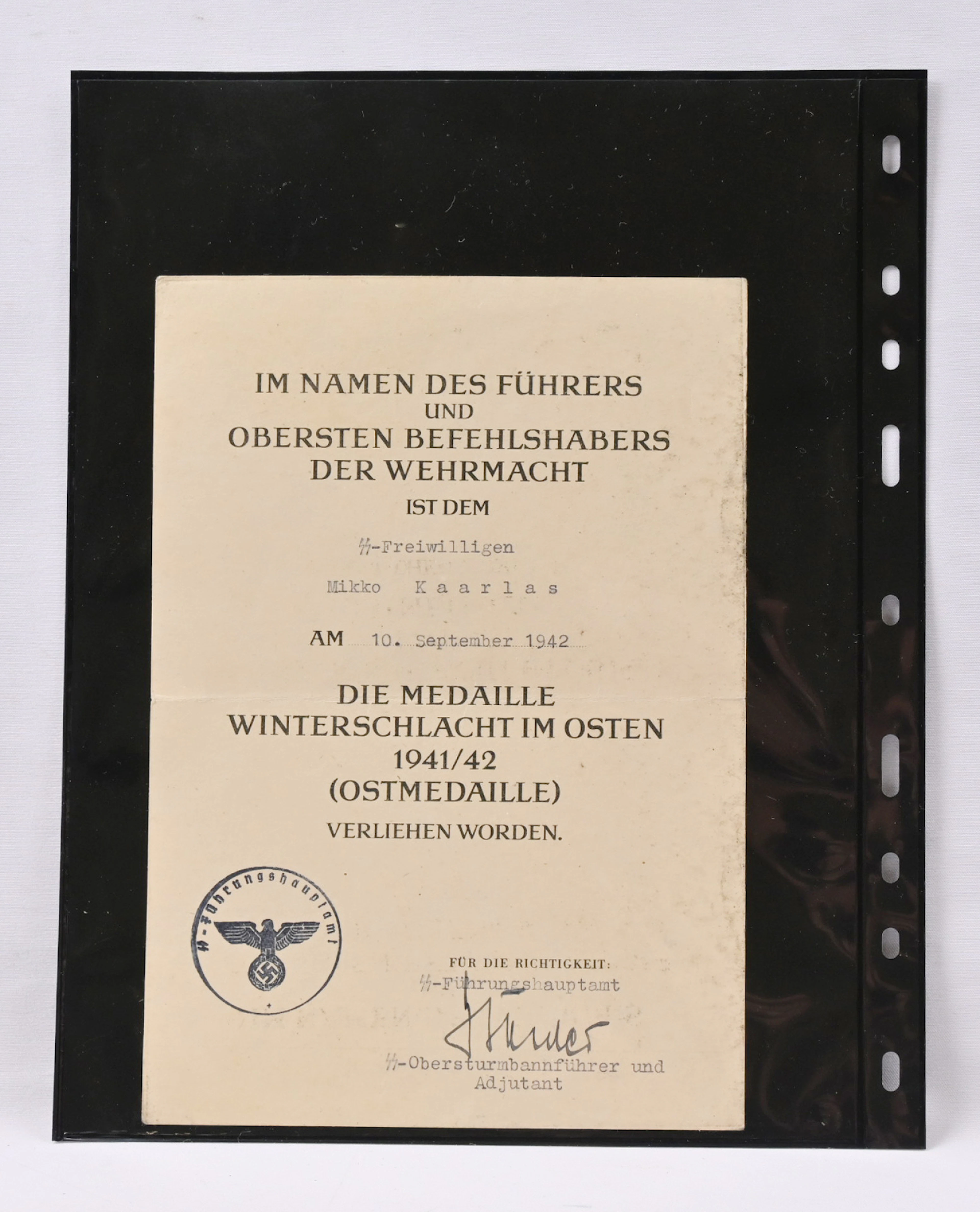 Award certificate of a Finnish SS volunteer: for the Winter Campaign