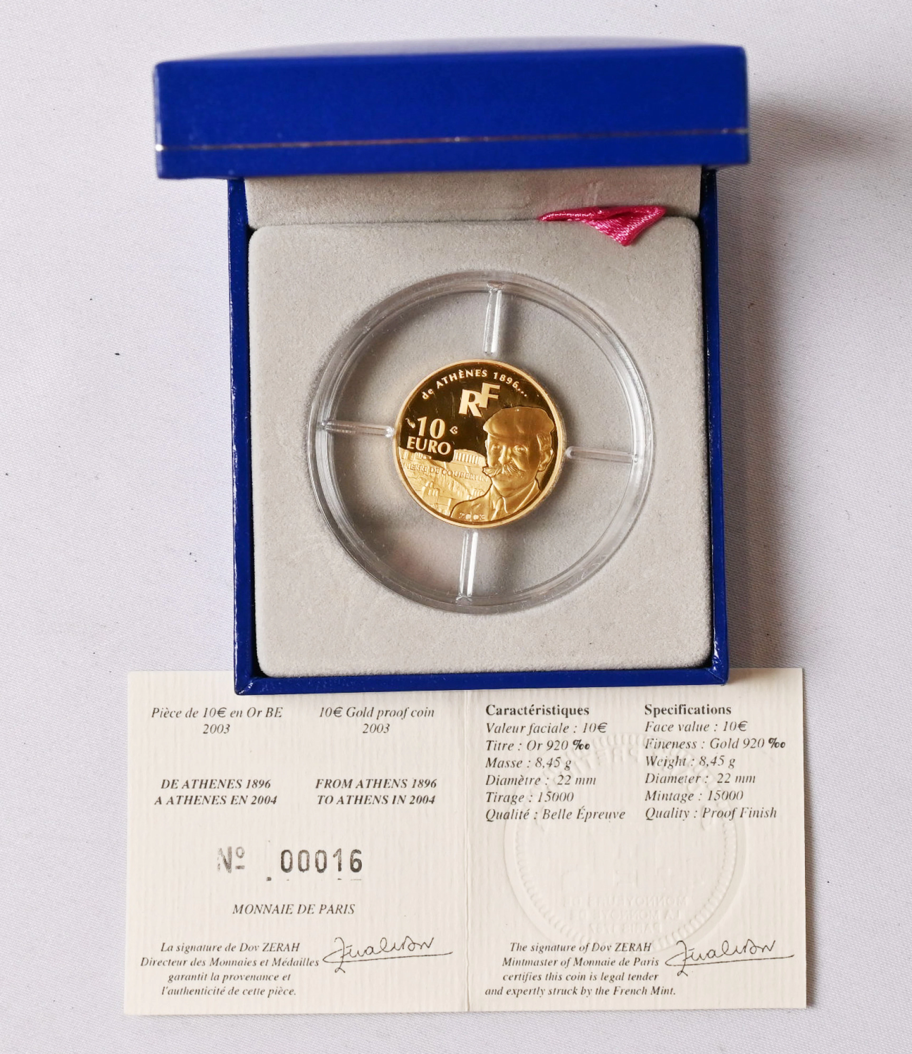 France 2003 Athens Olympics 10 euro gold. Certificate.