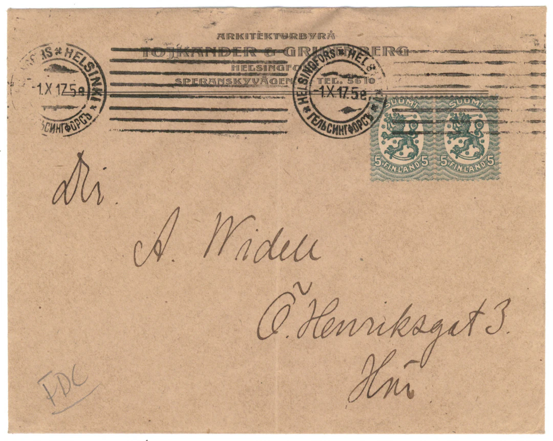 1917 5 penni green pair on a FDC local letter Helsinki 1.X.17. Rare.