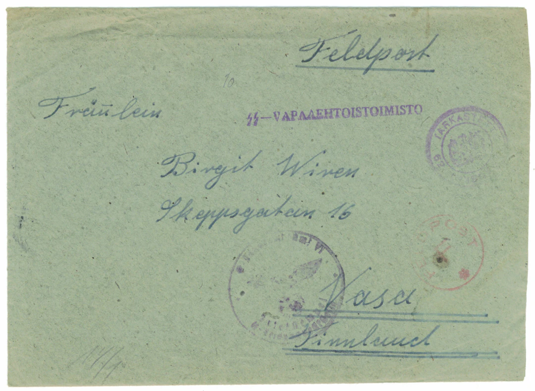 SS volunteer mail: SS -vapaaehtoistoimisto etc. postmarks on a cover