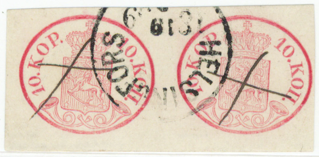 10 kop carmine-red, fine pair, beautiful Helsingfors 1859 and ink