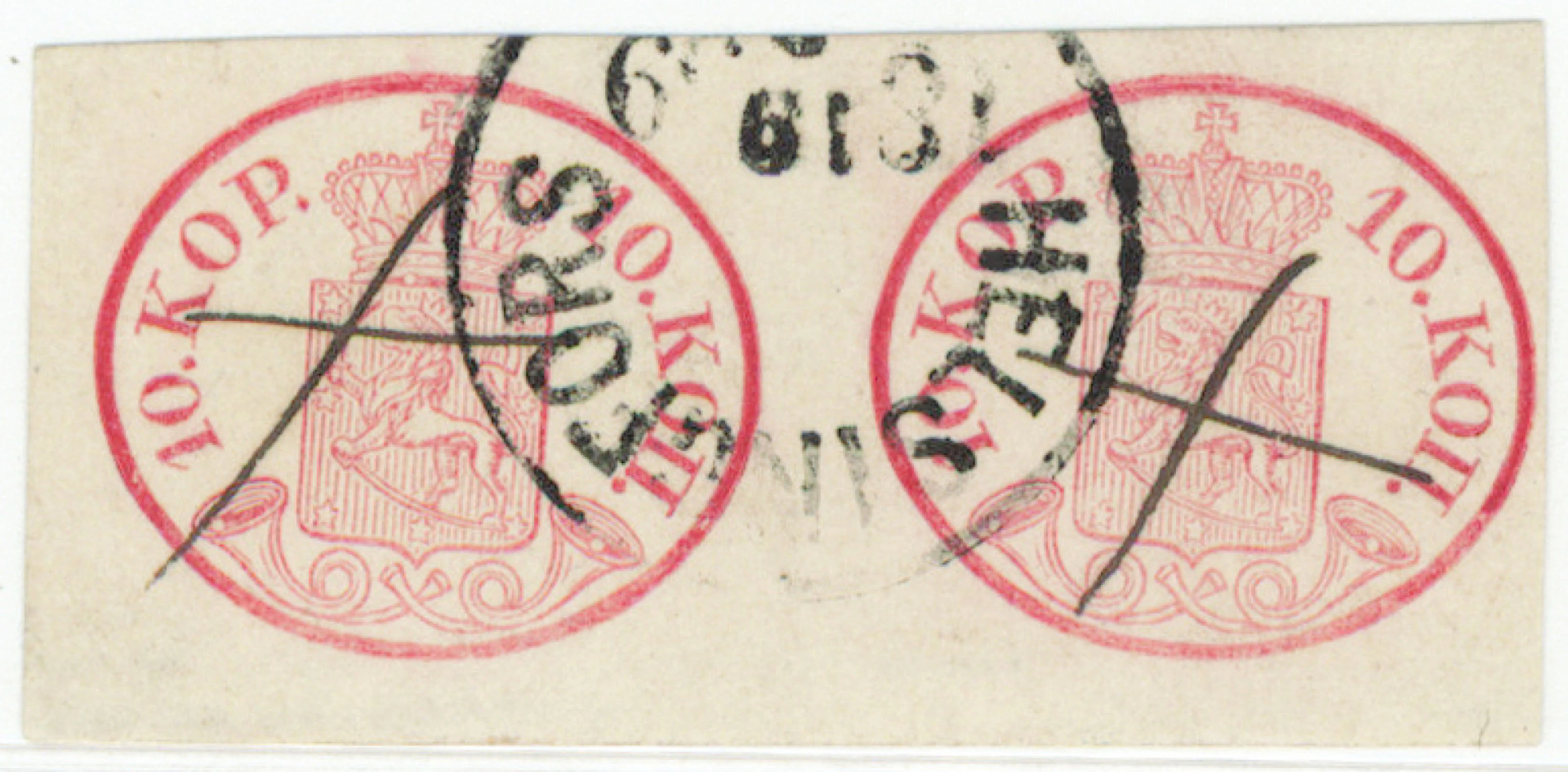 10 kop carmine-red, fine pair, beautiful Helsingfors 1859 and ink