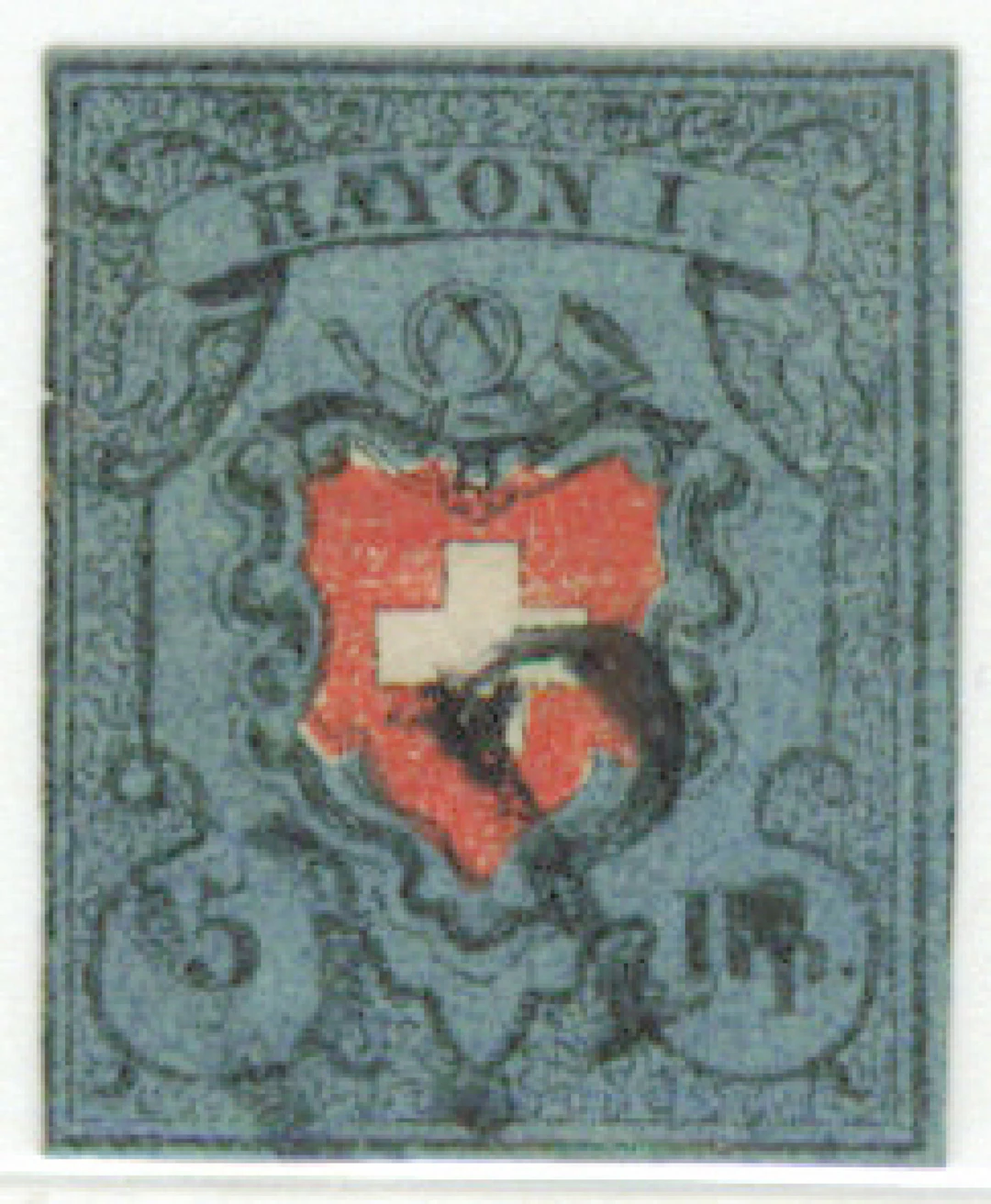 Rayon I 1850 5 Rappen black/red/blue Mi 7 I (Zumstein 15 I) cross