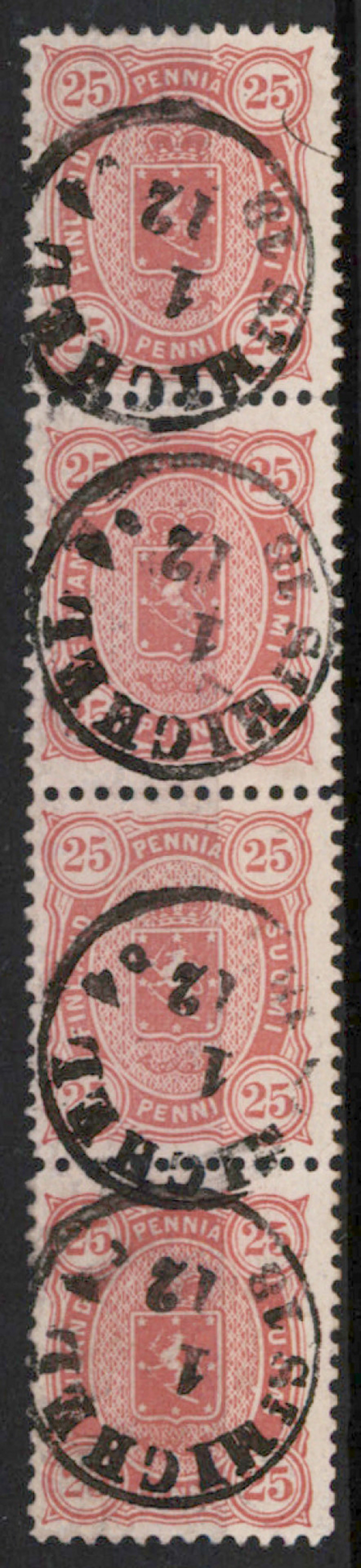 25 penni light aniline-red, fine strip of four St Michel 1.12.1884.