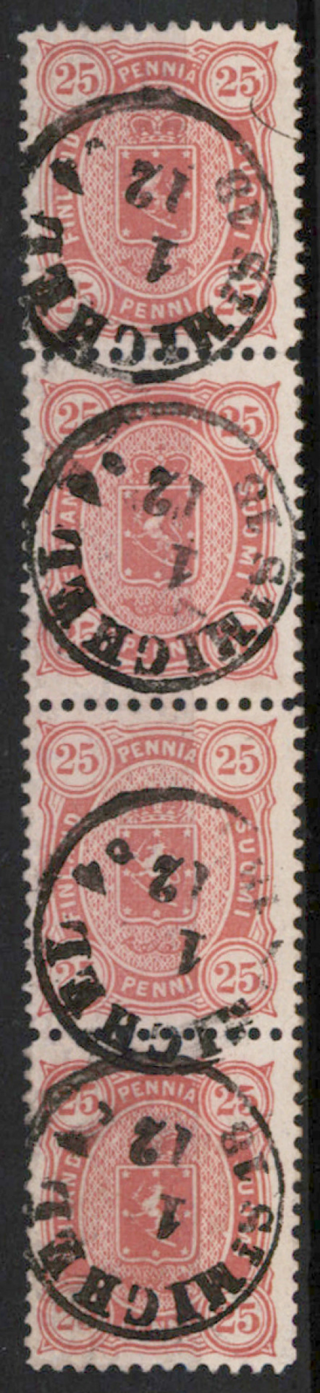 25 penni light aniline-red, fine strip of four St Michel 1.12.1884.