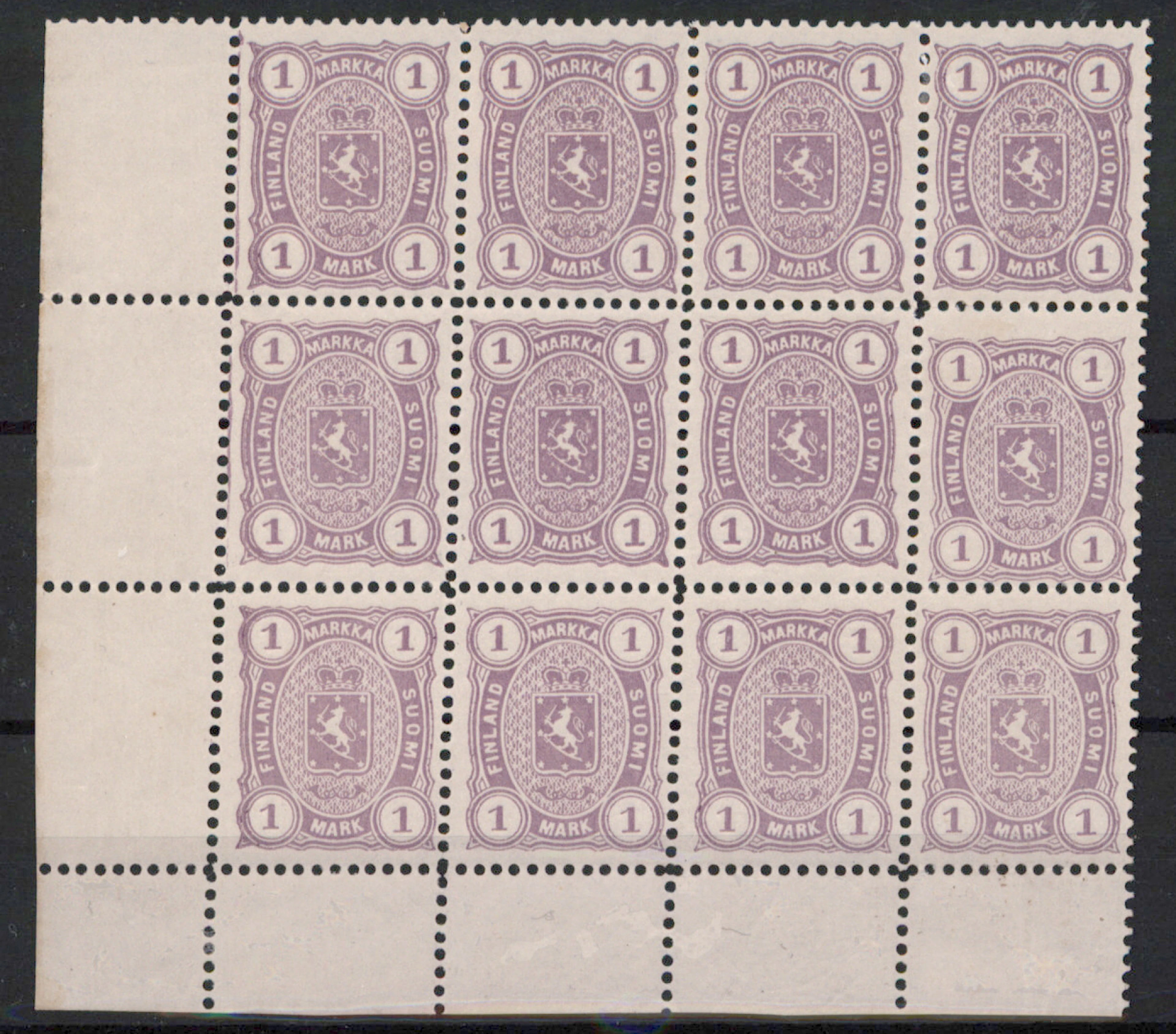 1 markka lilac, magnificent very fine mint ** (8 stamps) / mint *