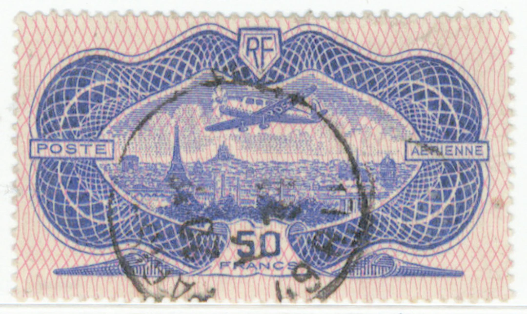 1936 Airmail stamp 50 Fr Mi 321, used stamp, signed.