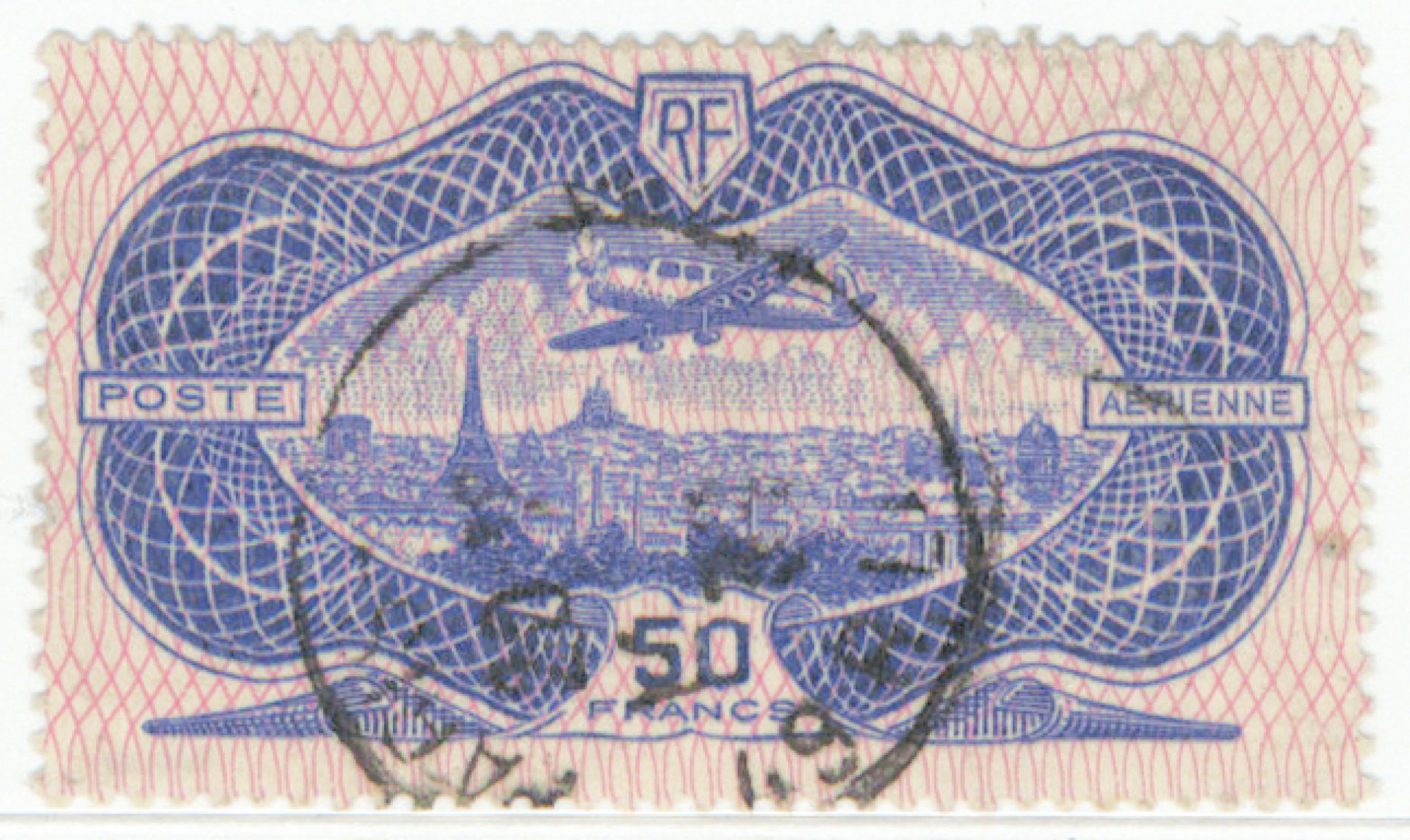 1936 Airmail stamp 50 Fr Mi 321, used stamp, signed.