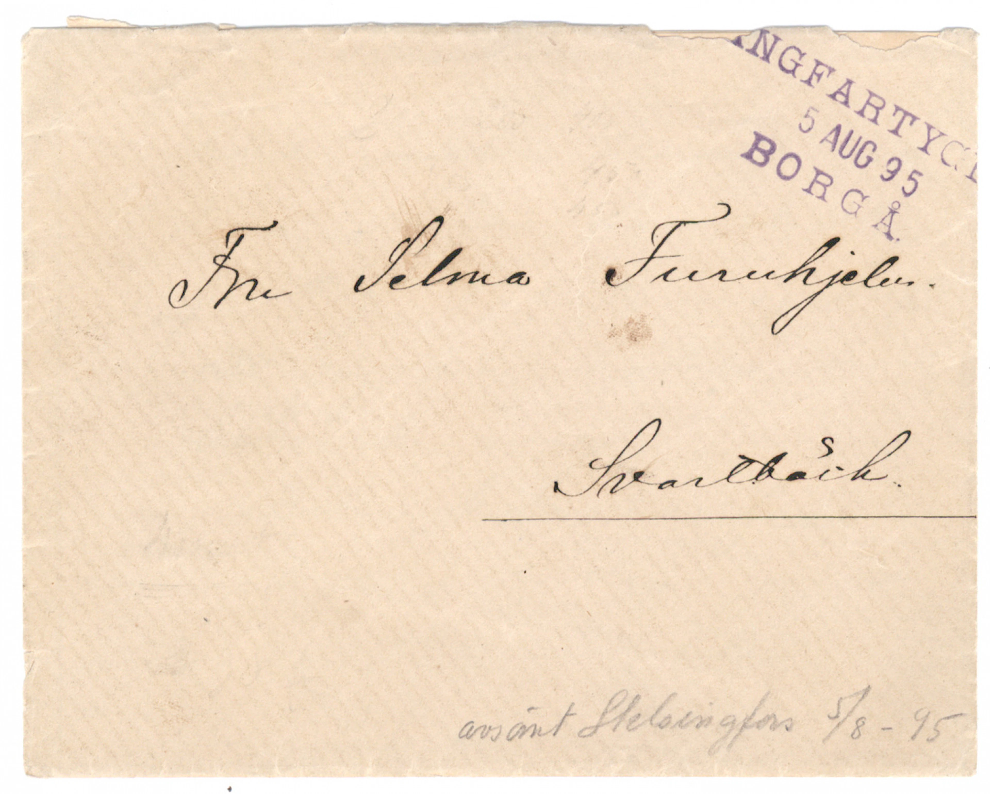 Cover sent from Helsinki 5.8.1895, where a ship postmark Ångfartyget