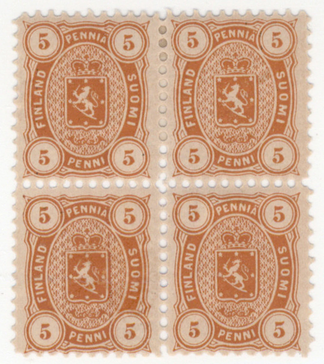 5 penni brown-orange, very rare mint * block of four. Original gum