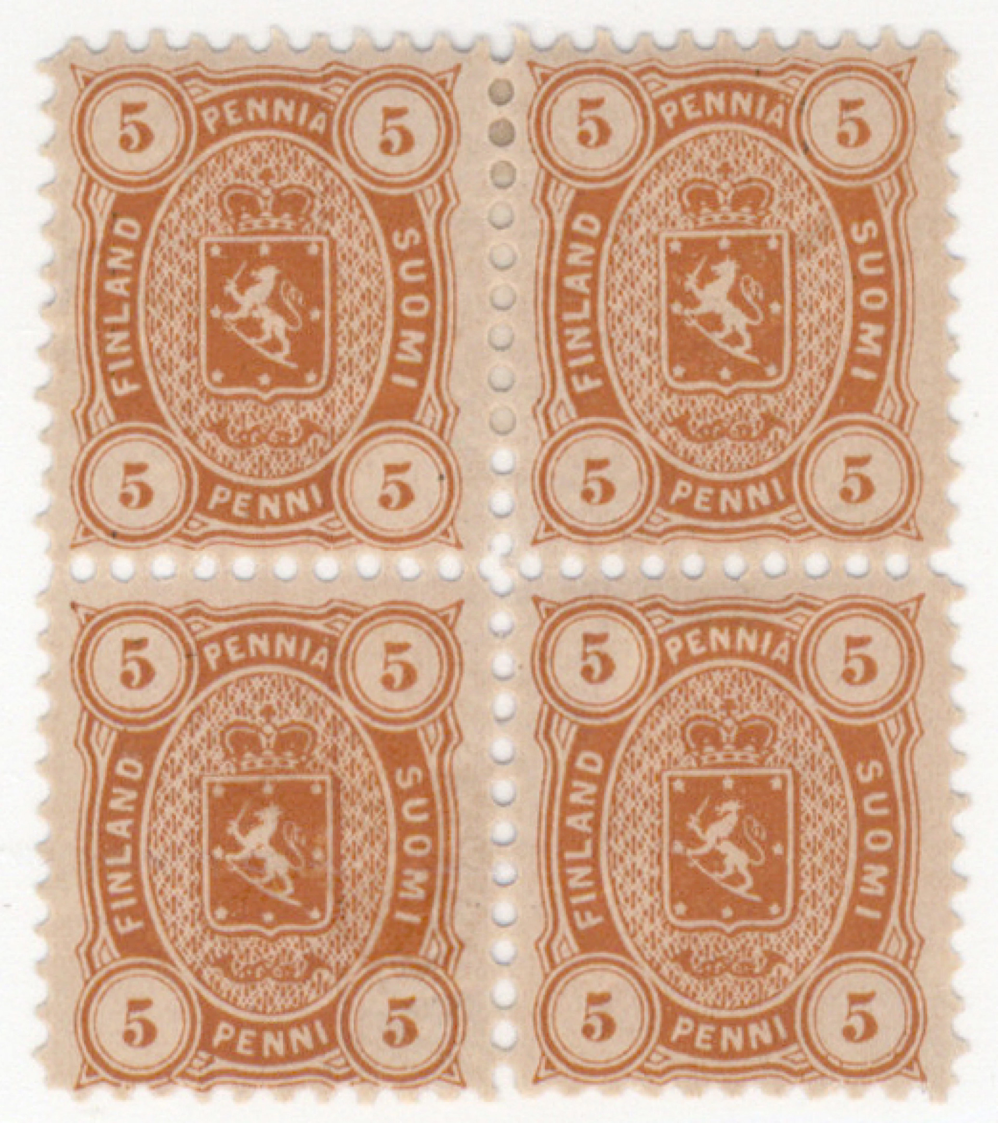 5 penni brown-orange, very rare mint * block of four. Original gum