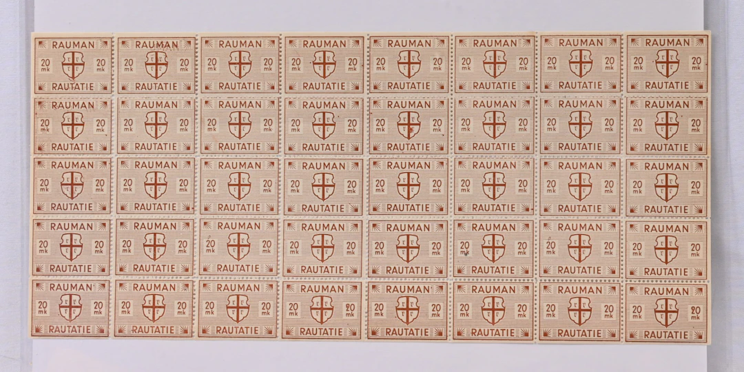 Rauma railway 1945 20 markka complete sheet, partial double print at left!