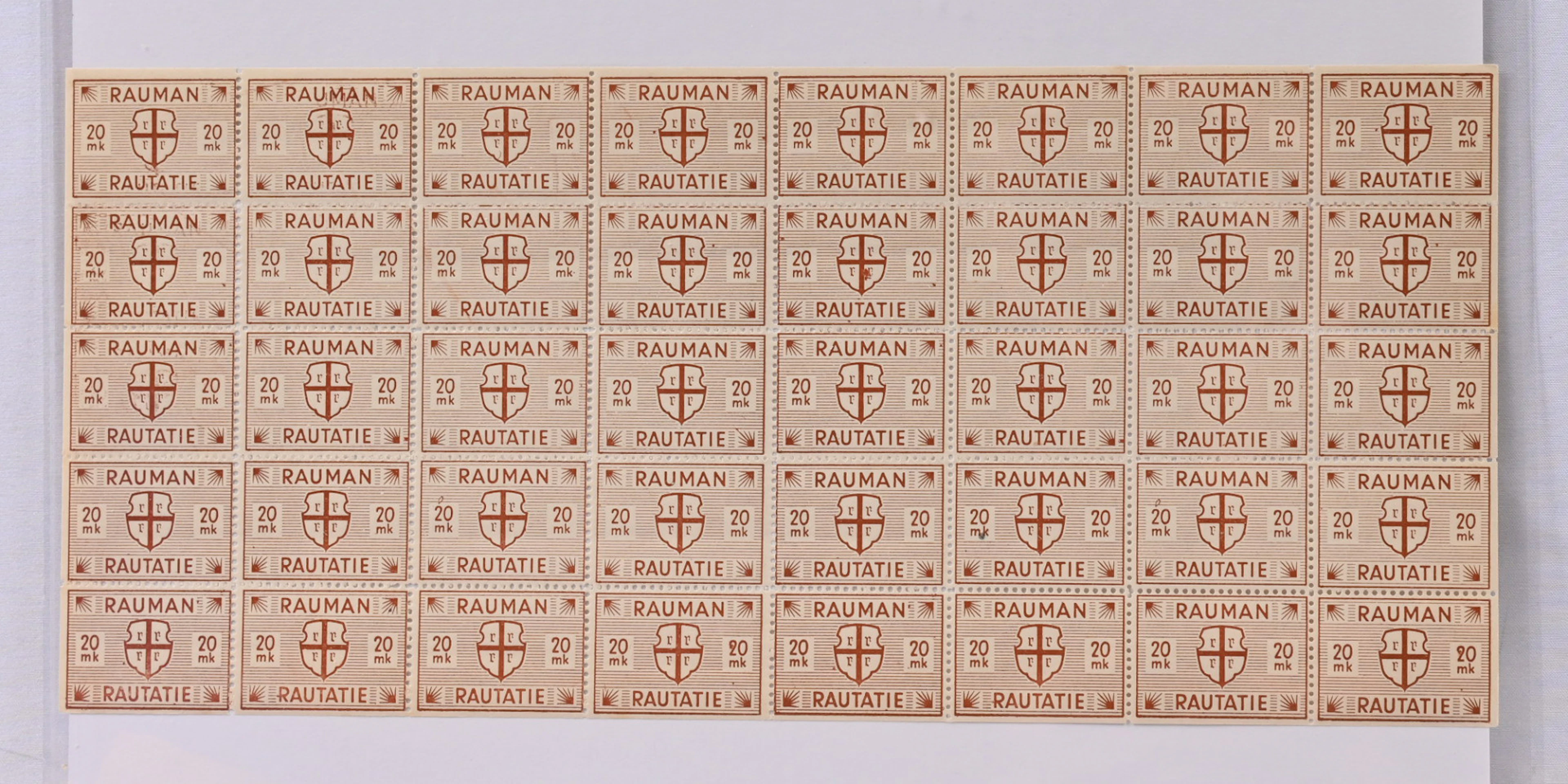 Rauma railway 1945 20 markka complete sheet, partial double print at left!