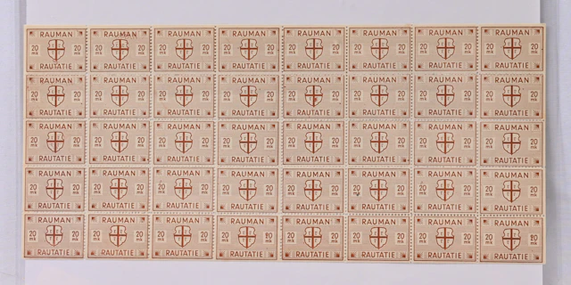 Rauma railway 1945 20 markka complete sheet, partial double print at left!