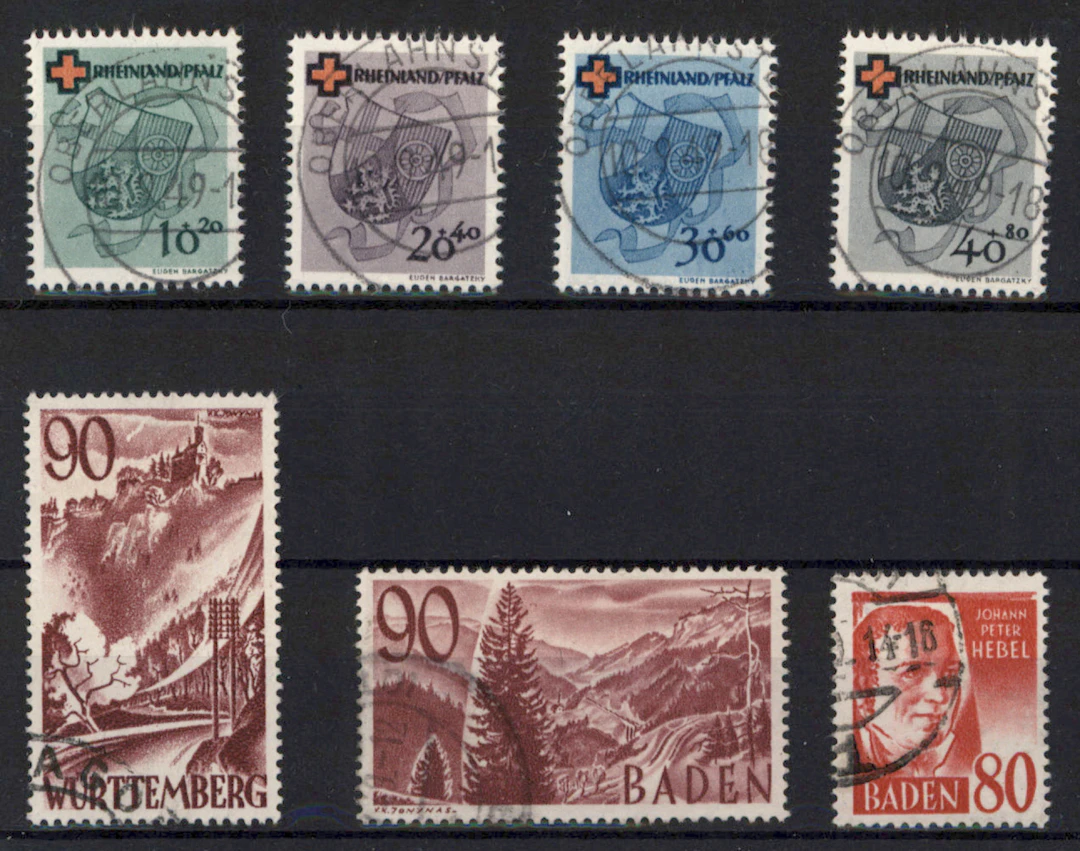 French zone, smal fine used stamp lot. Baden Mi 36 and 37, Rheinland-Pfalz