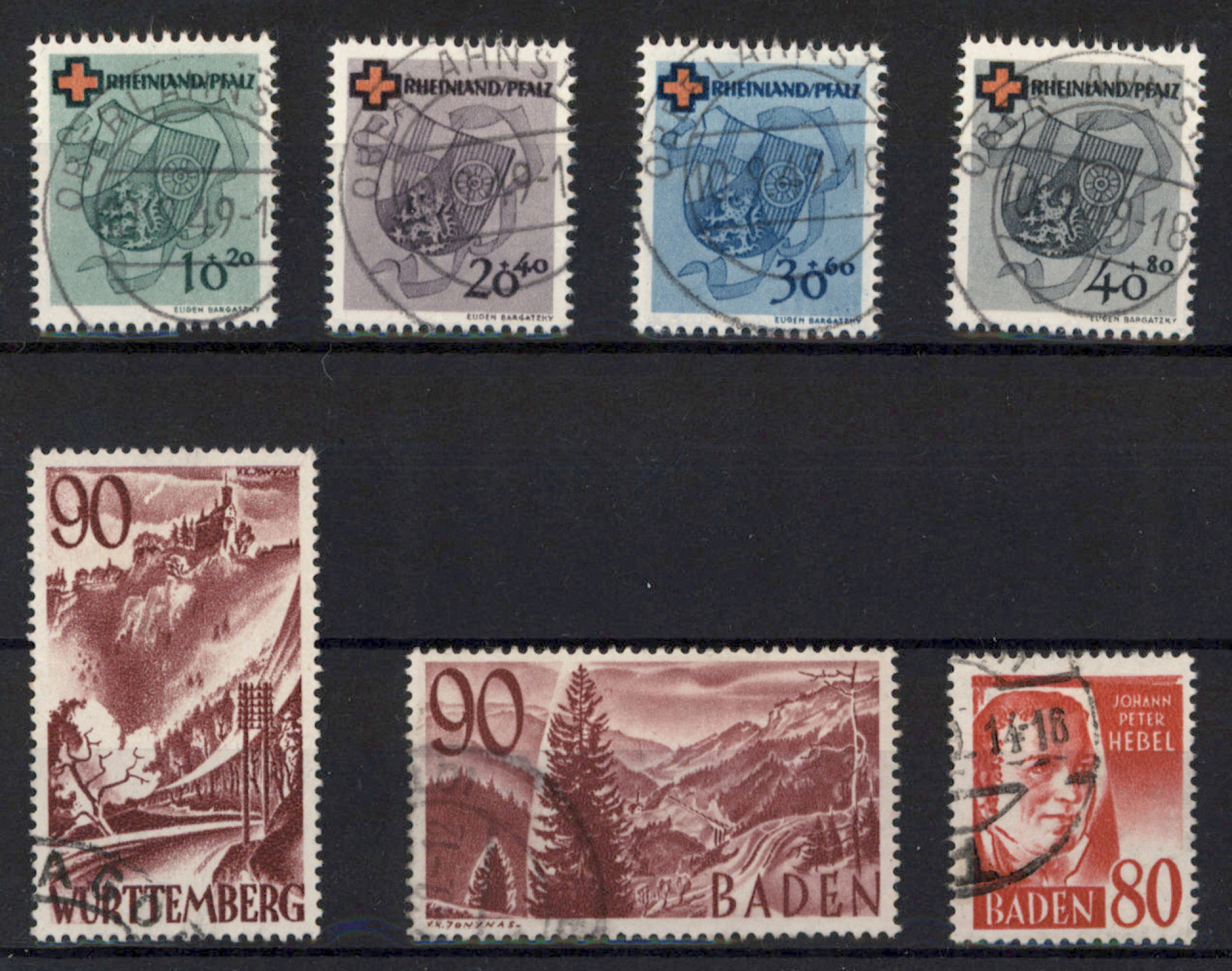 French zone, smal fine used stamp lot. Baden Mi 36 and 37, Rheinland-Pfalz