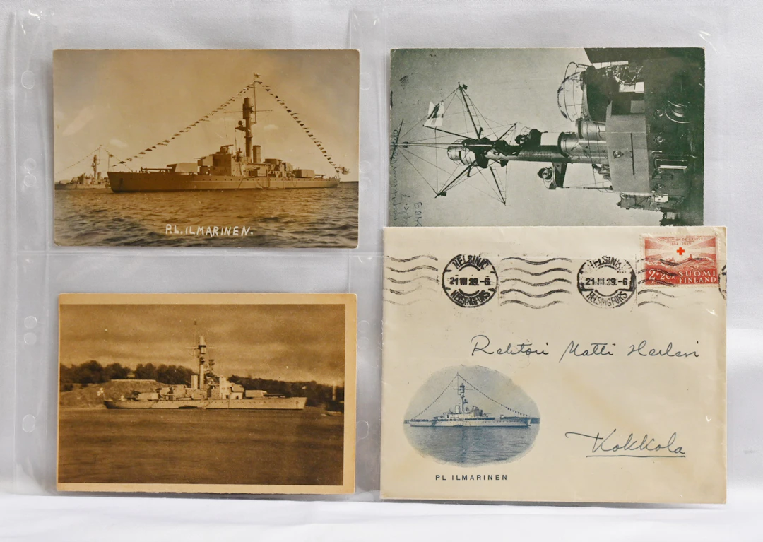 Material related to Finnish war- and other ships eight postcards and