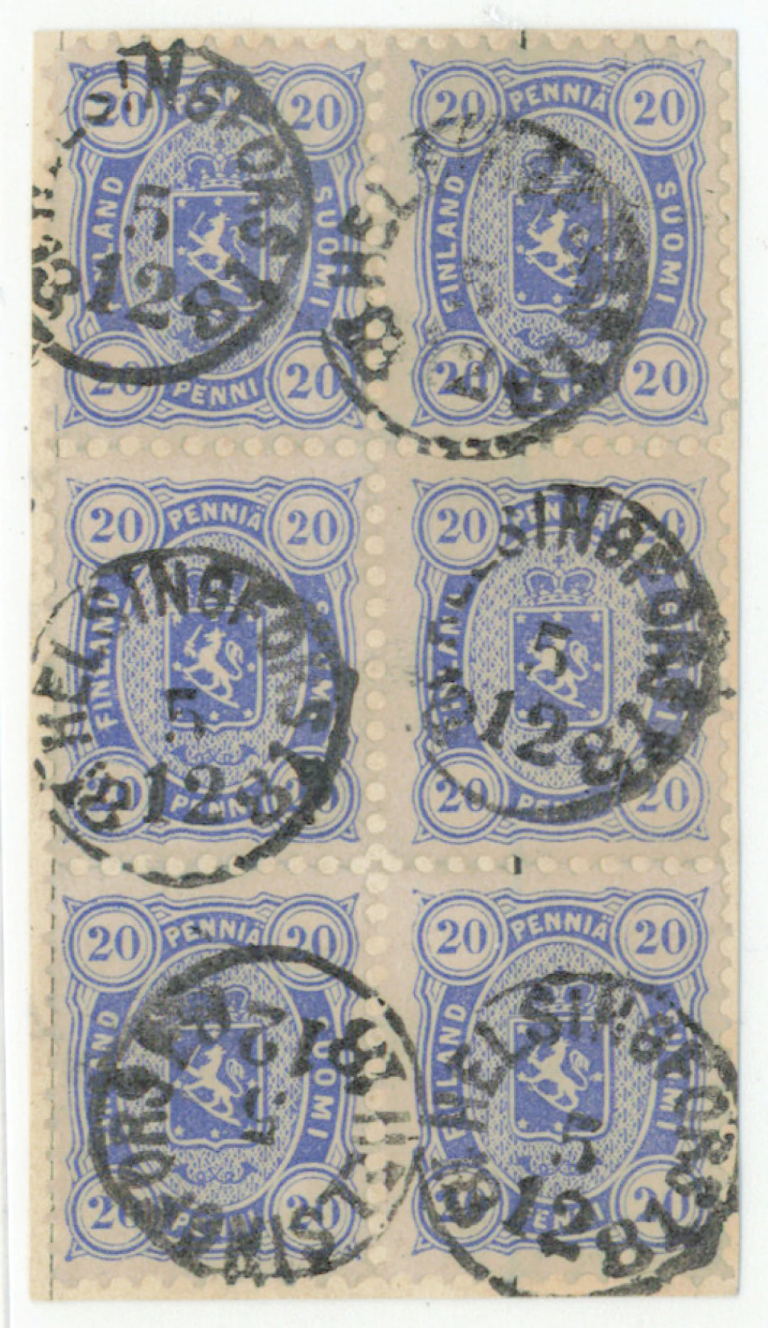 20 penni ultramarine magnificent block of six on a fragment, fine