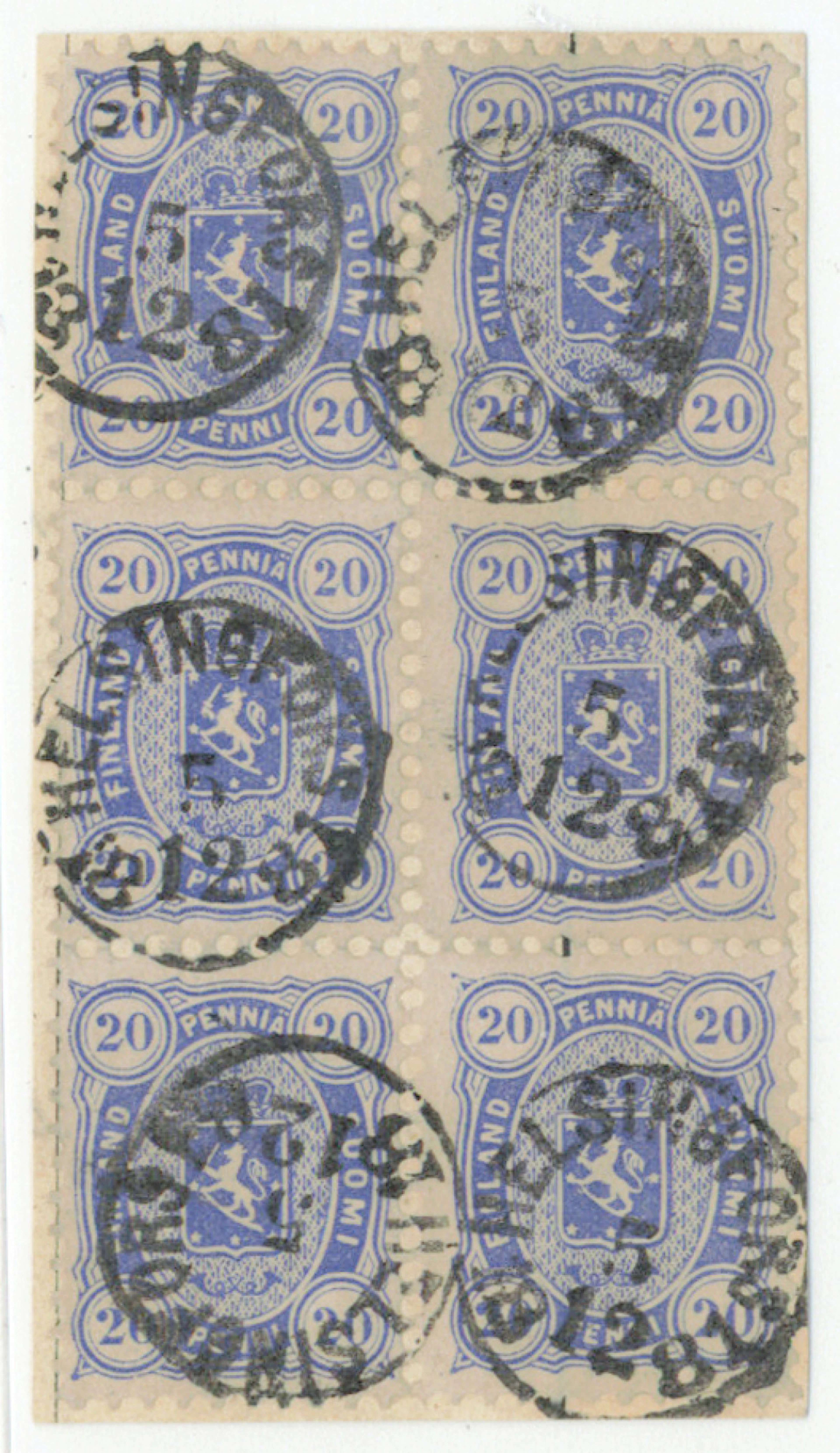 20 penni ultramarine magnificent block of six on a fragment, fine