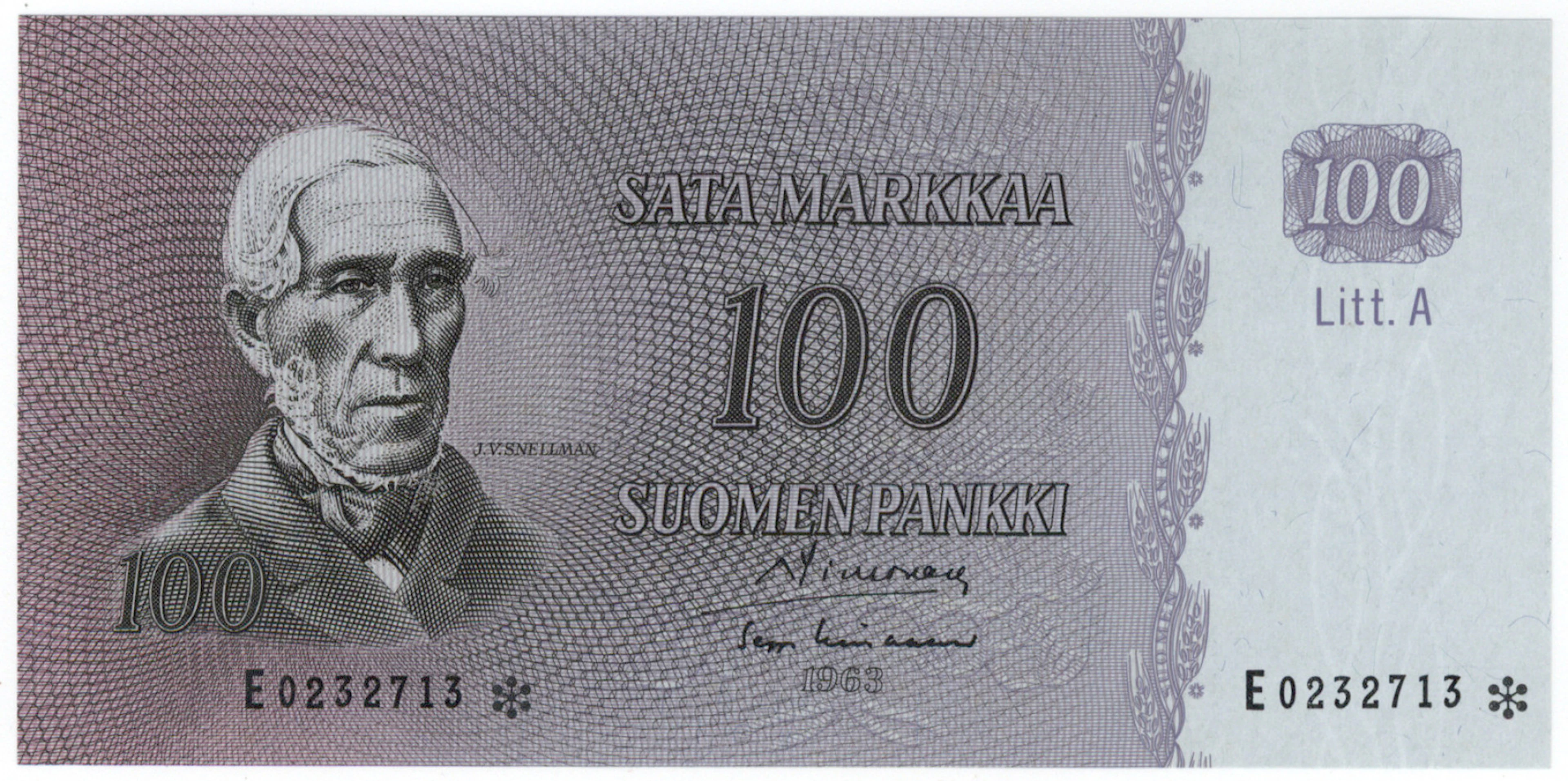 1963 100 markka Litt.A E0232713* SIM/Lin. Condition 01-0.