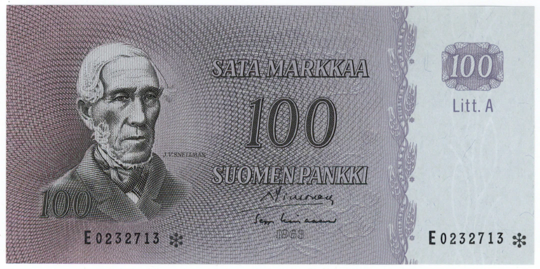 1963 100 markka Litt.A E0232713* SIM/Lin. Condition 01-0.