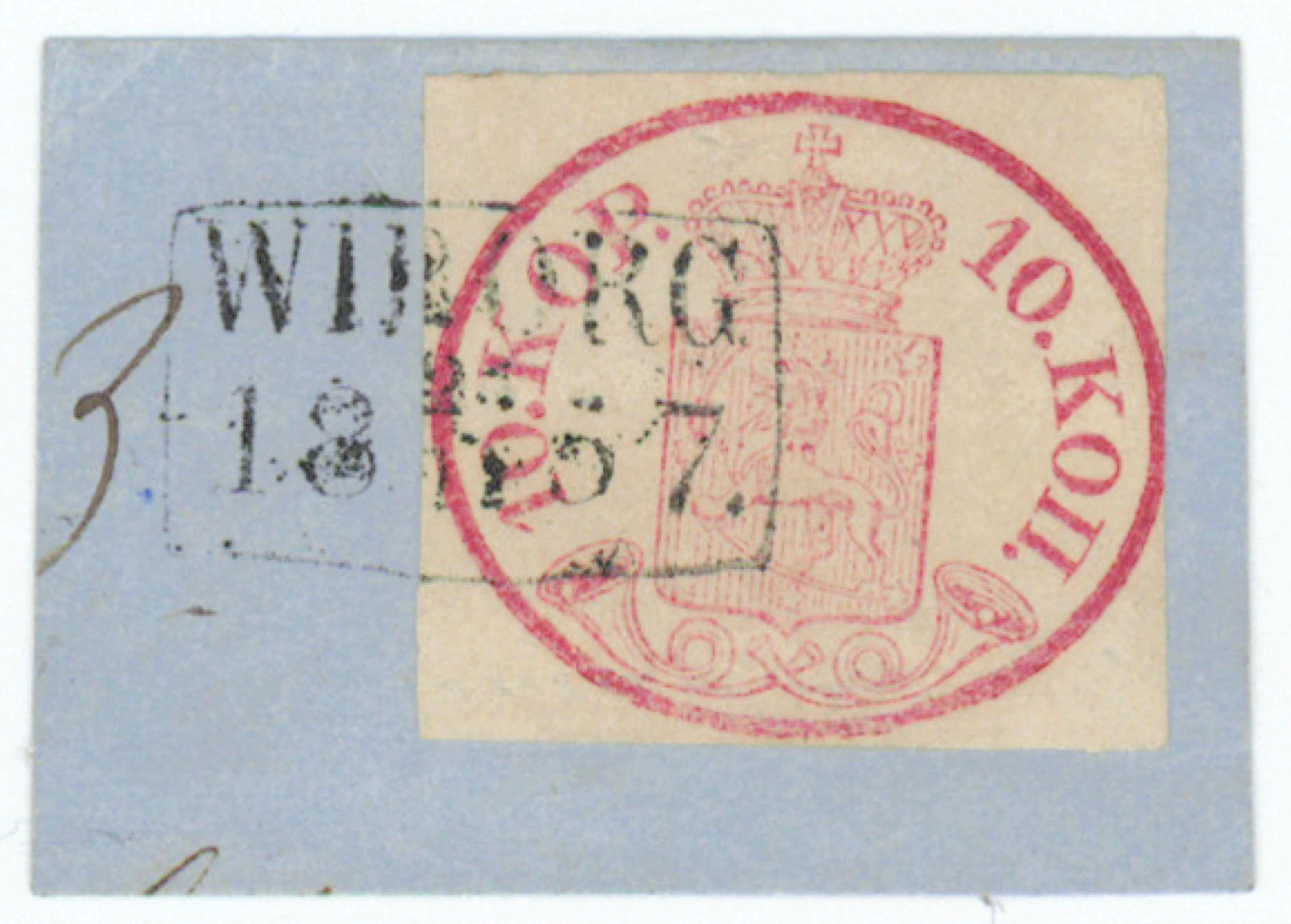10 kopek red-carmine, one margin in cut, magnificent Wiborg 1857 on