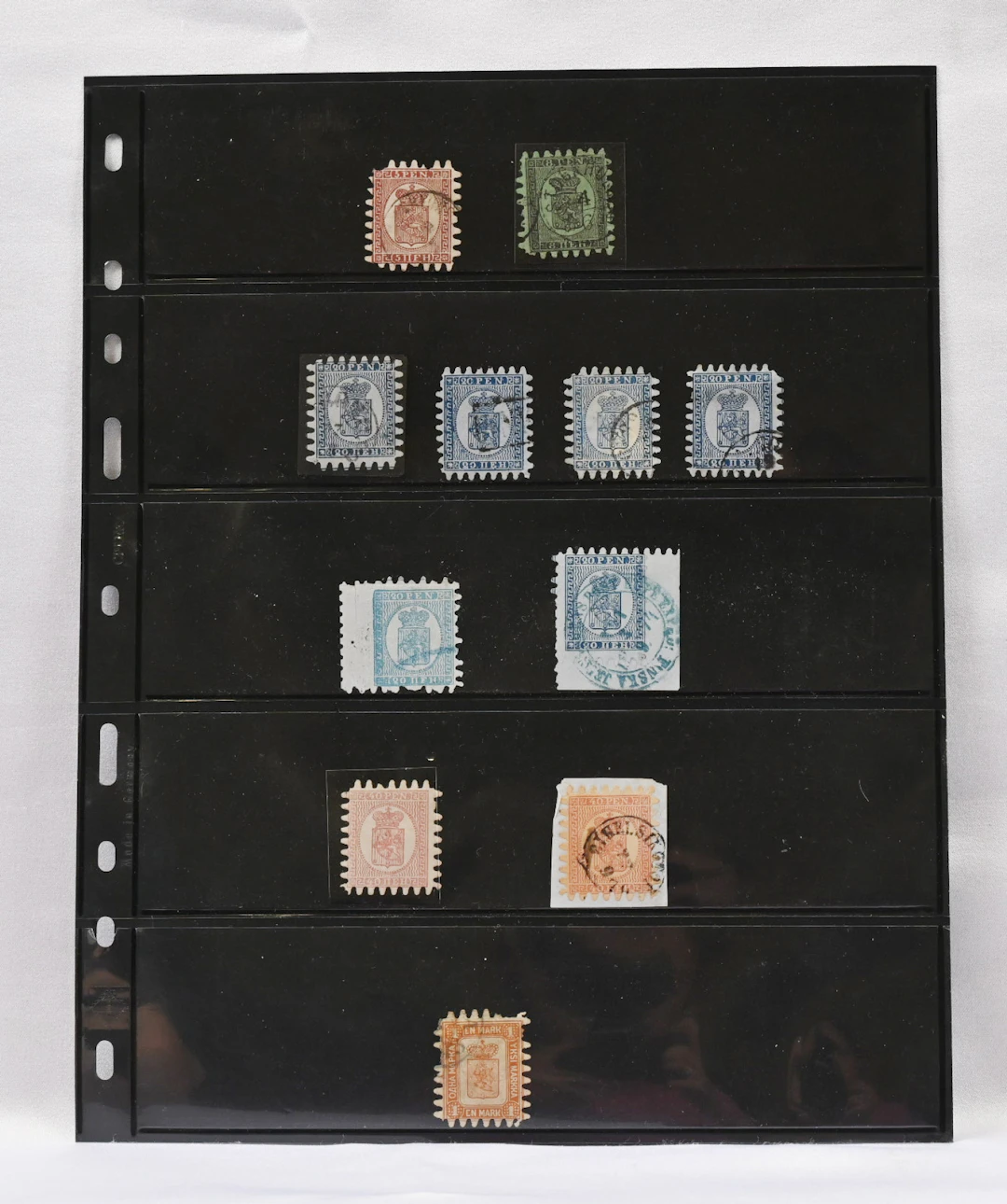 From 5 penni to 1 markka selection of stamps on page, some faults