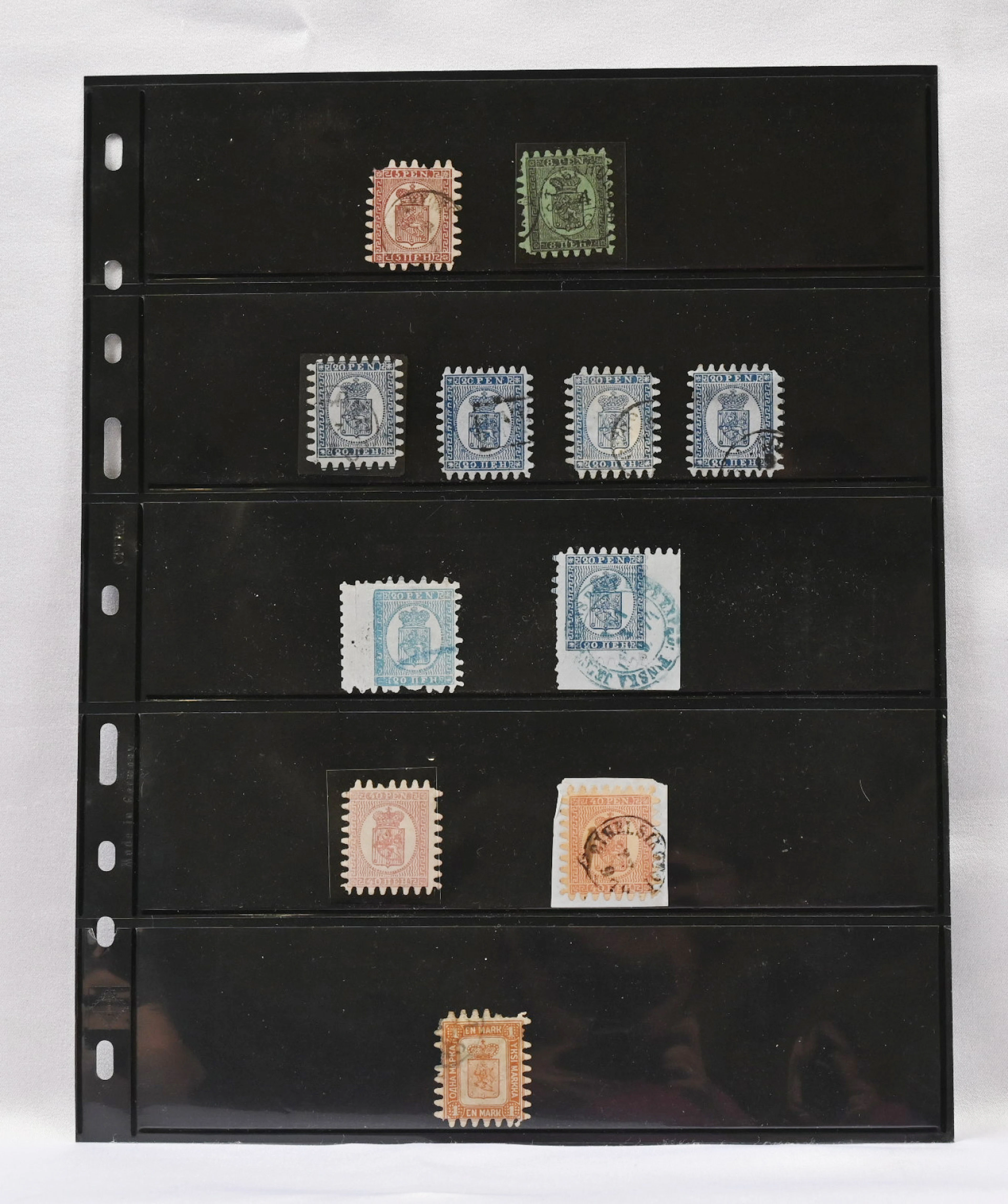 From 5 penni to 1 markka selection of stamps on page, some faults