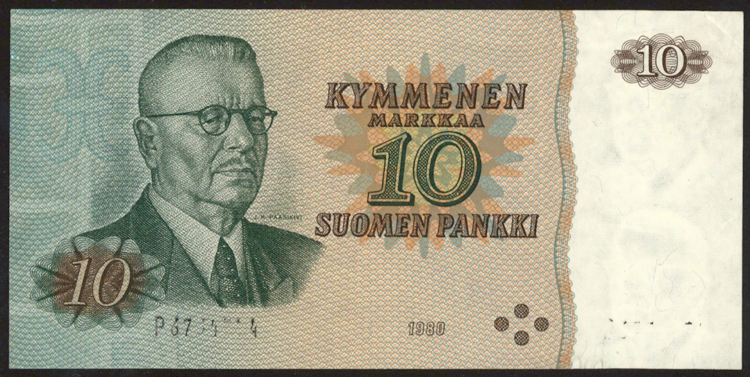 1980 10 markka WITHOUT SIGNATURES and very incomplete serial numbers.