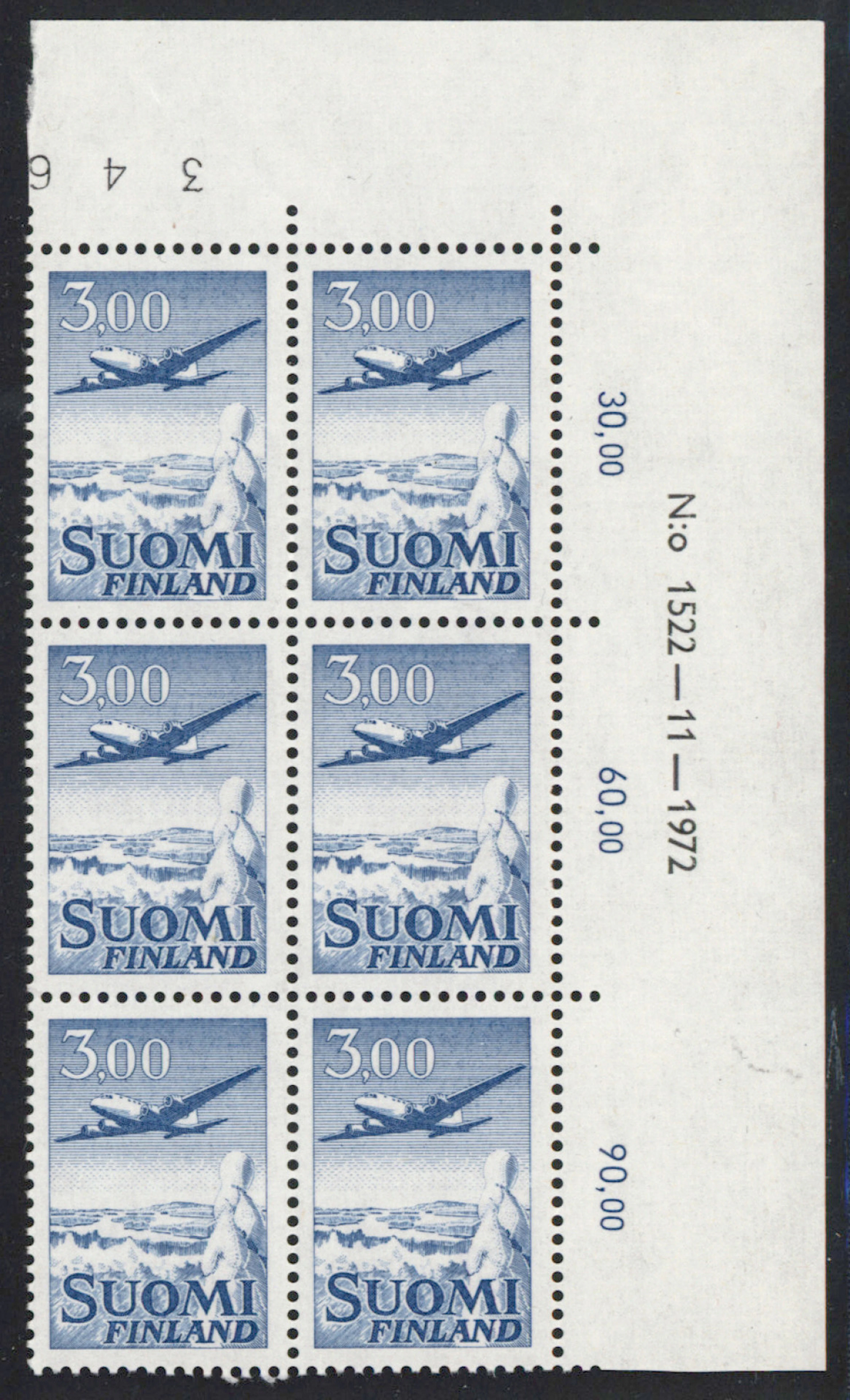 3 markka Airplane plate block of six nr. 1522, MNH **