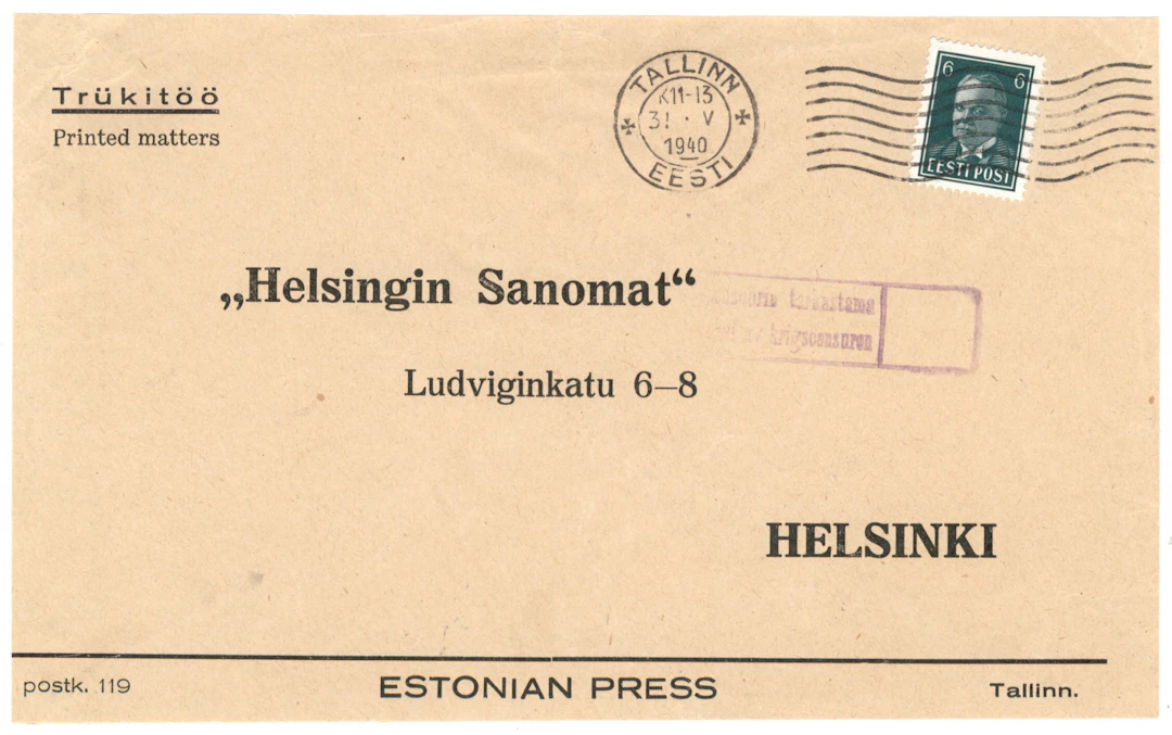 1940 Päts 6 sent green Mi 157, single franking on a printed matter