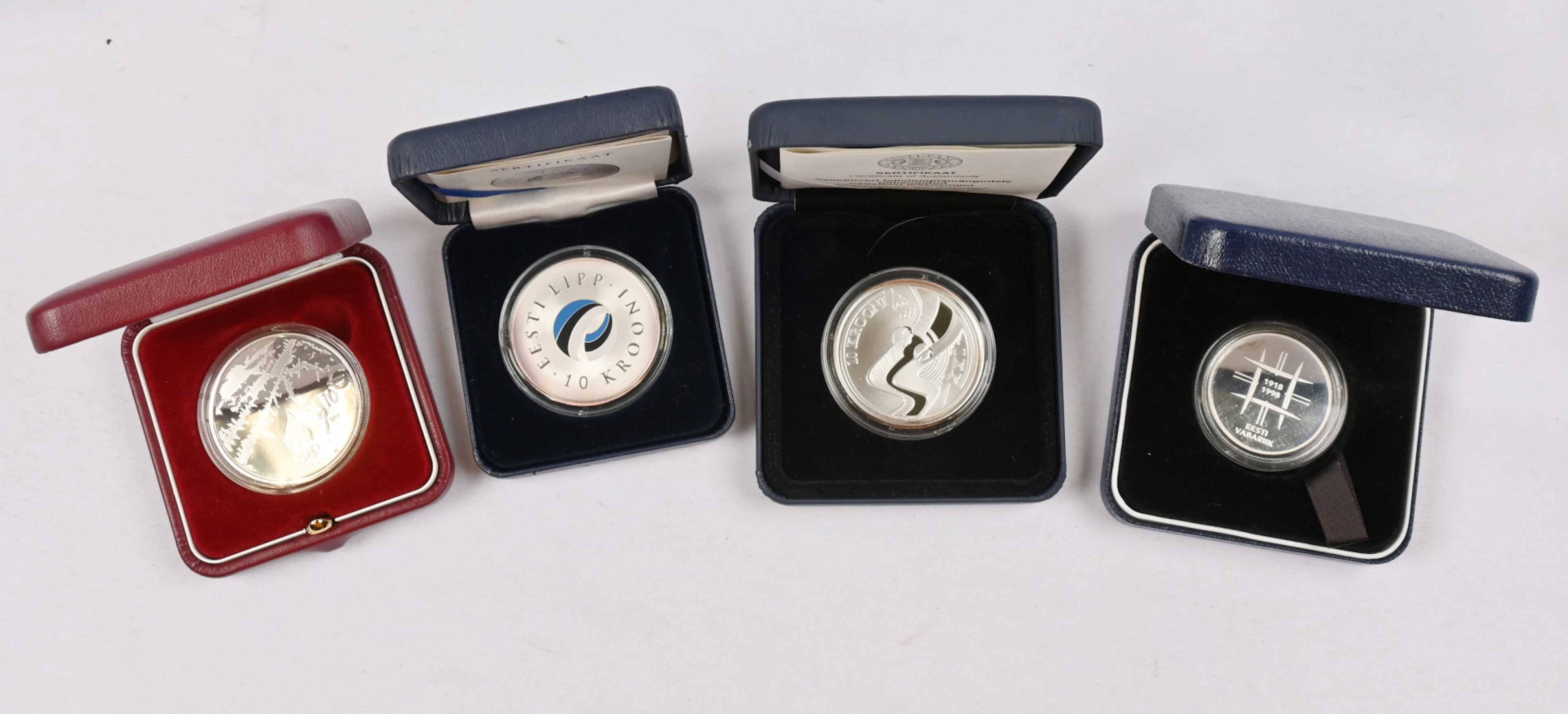Estonia, four fine silver commemorative coins in boxes: 10 krooni