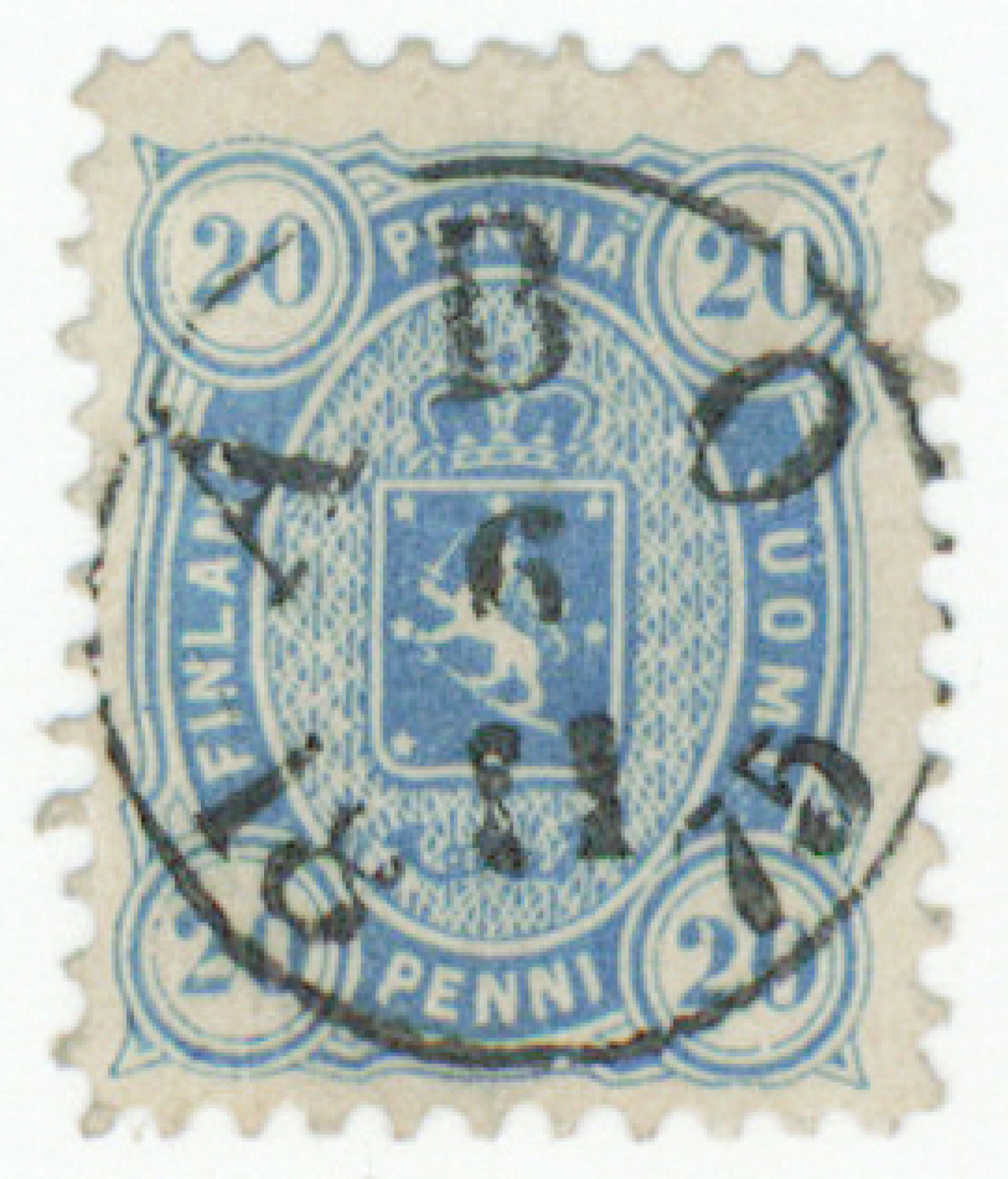 20 penni azure-blue, rare thick paper. Magnificent superb Åbo 6.11.1875.