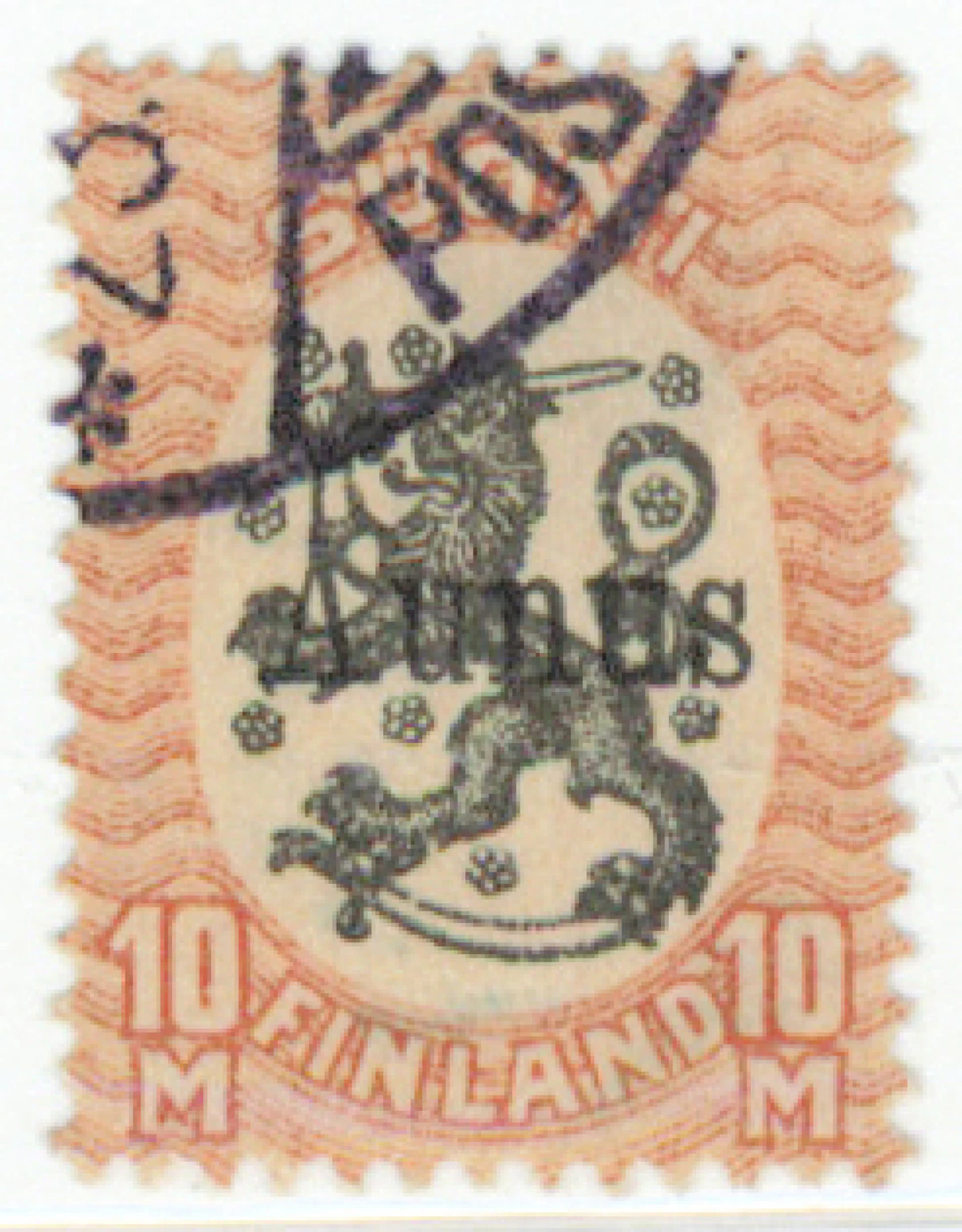 10 markka neat after-cancelled stamp with a black Säämäjärvi Post