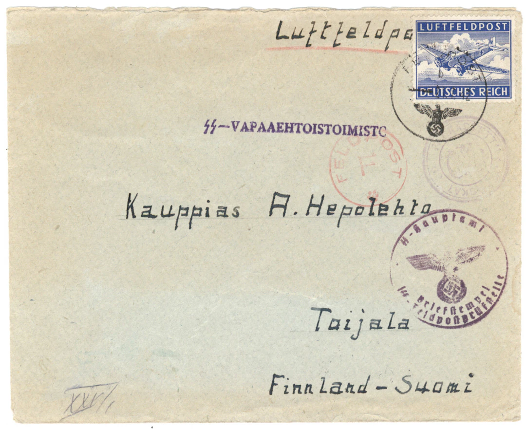 SS volunteer mail: SS -vapaaehtoistoimisto etc. postmarks with a Luftfeldpost