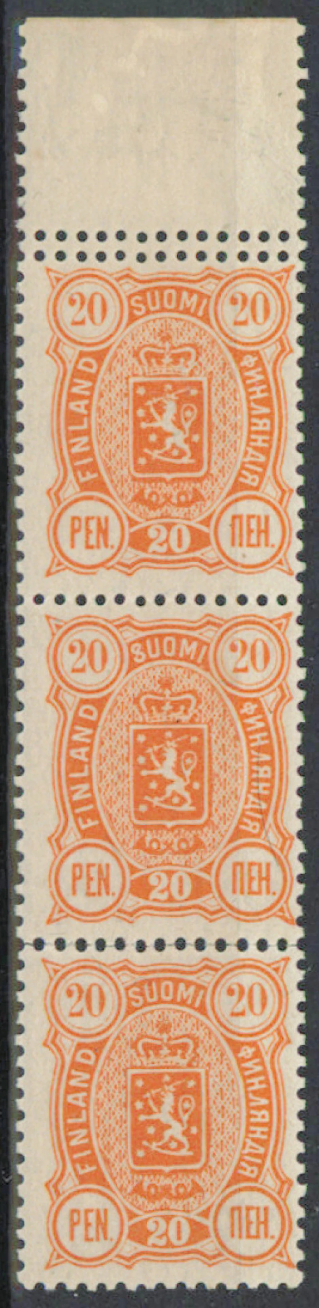 20 penni B double perforation from sheet margin, three stamp multiple