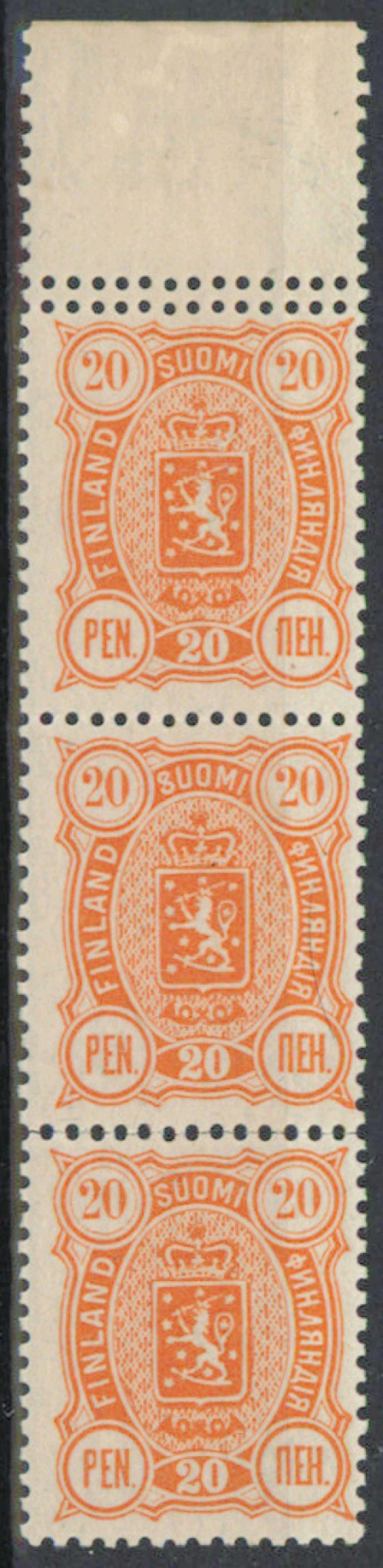 20 penni B double perforation from sheet margin, three stamp multiple