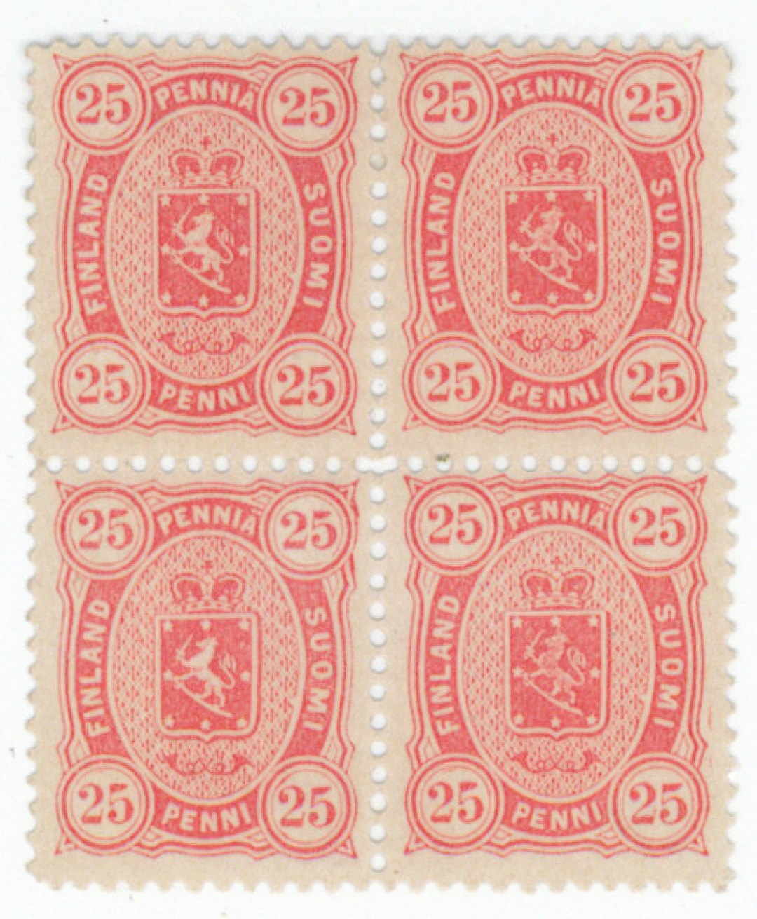 25 penni red, fine mint (2 pieces **, 2 pieces *) block of four. (L. 19LBd).