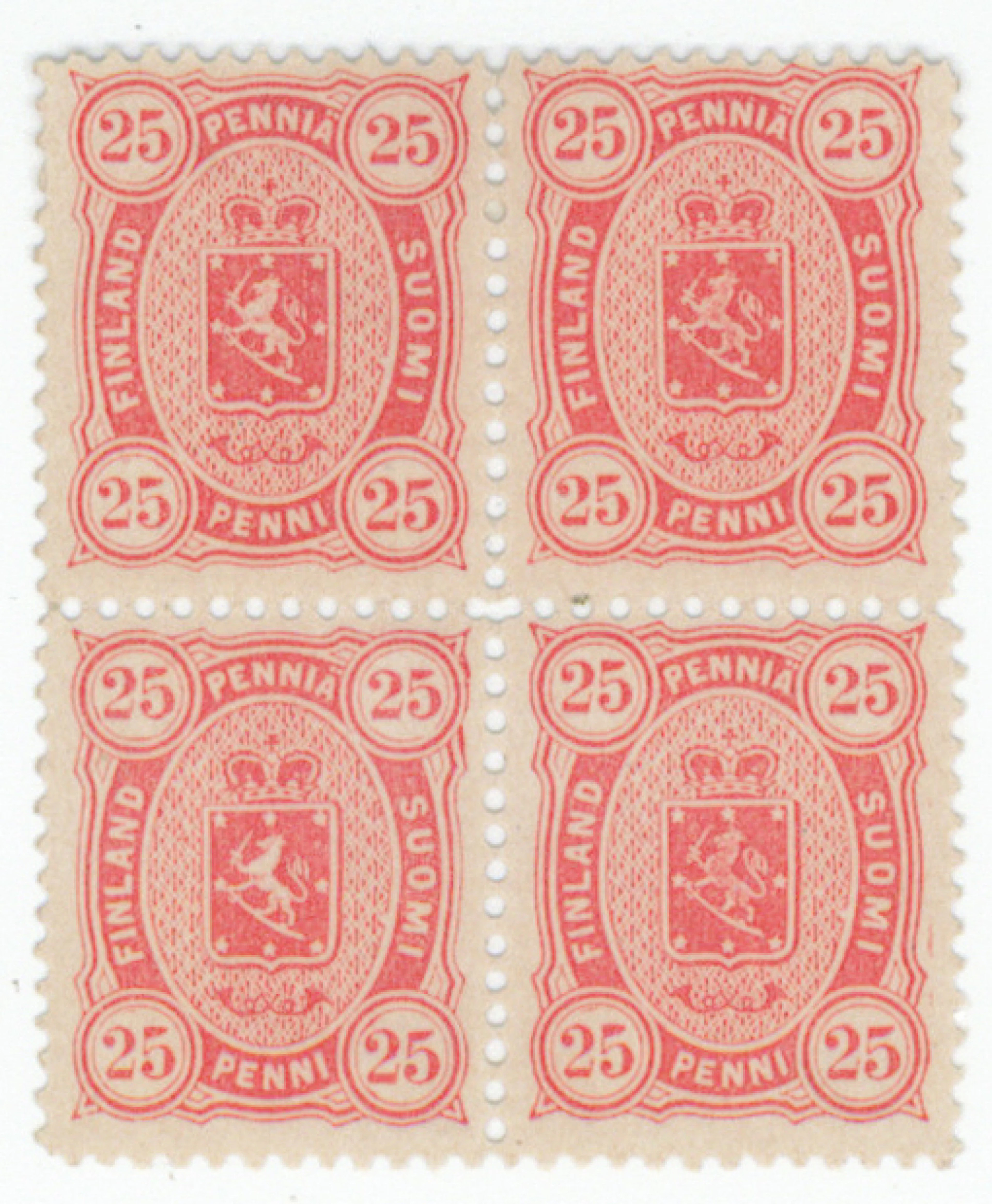 25 penni red, fine mint (2 pieces **, 2 pieces *) block of four. (L. 19LBd).