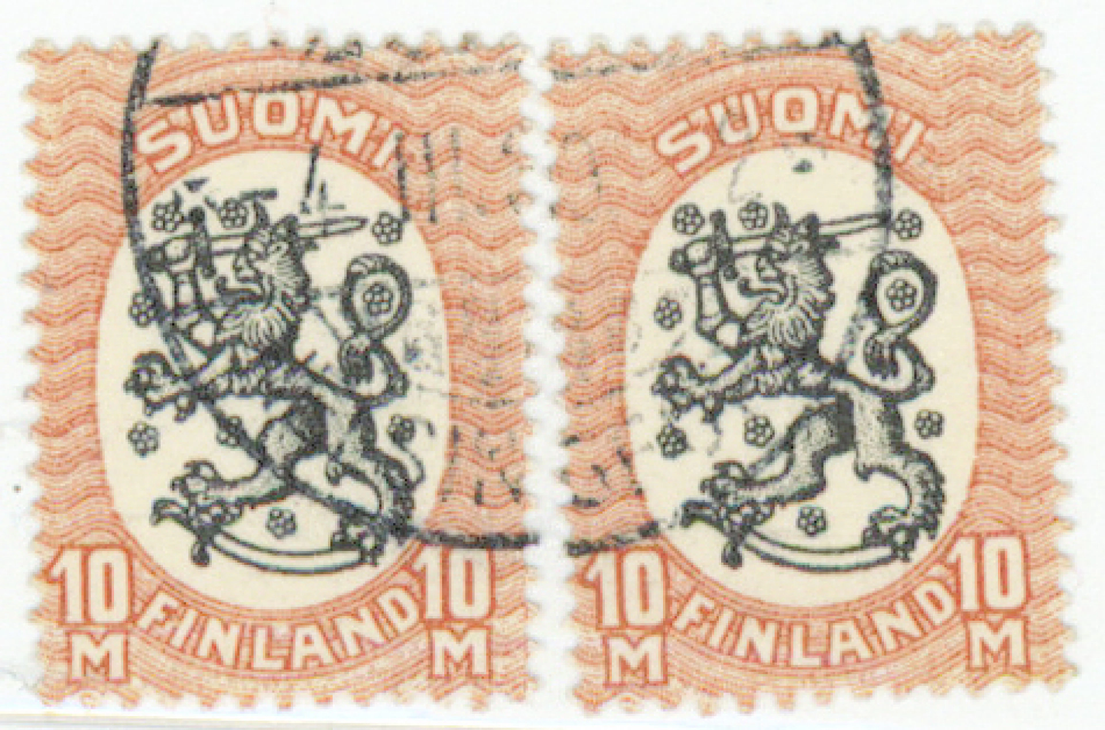 10 markka two used stamps, which have formed a pair. Signed (2 pieces):