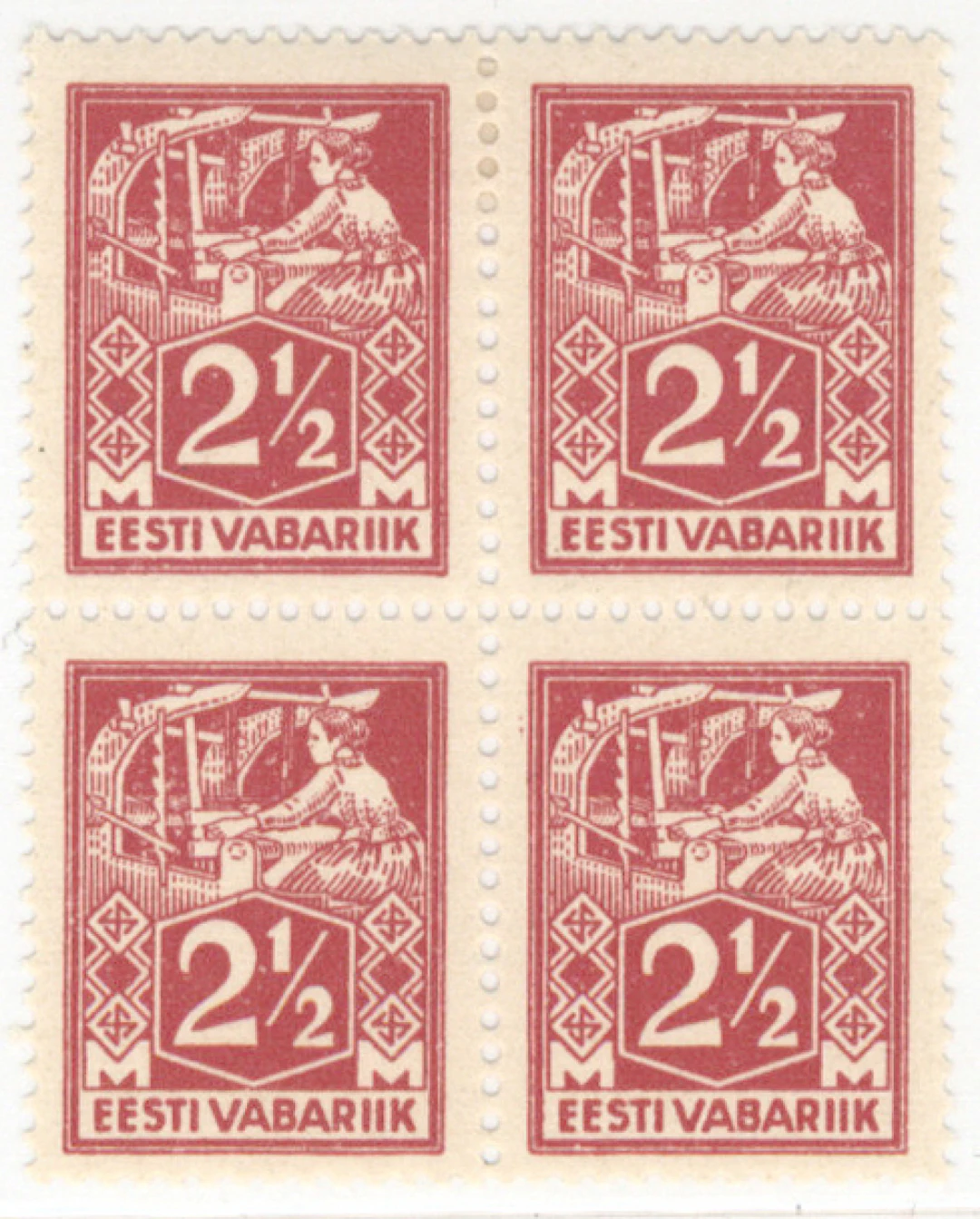 1922 Weaver 2½ markka Mi 35A, block of four where two stamps are very
