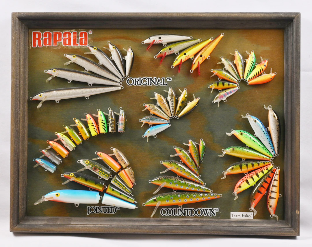 Fishing, Rapala lures on two wall decorations, approximately from 1980s