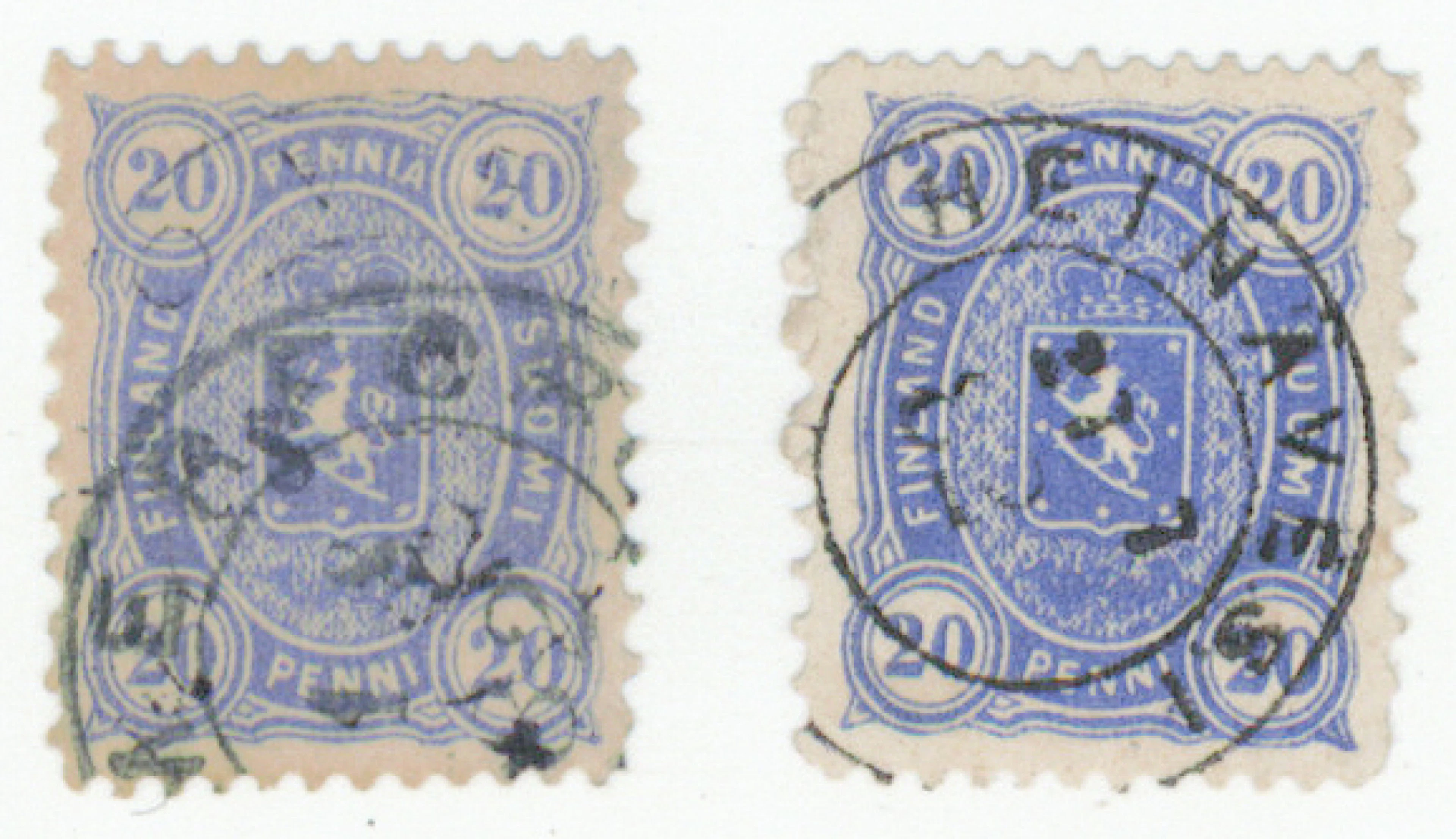 20 penni ultramarine and rare bright ultramarine perforation 12½ x
